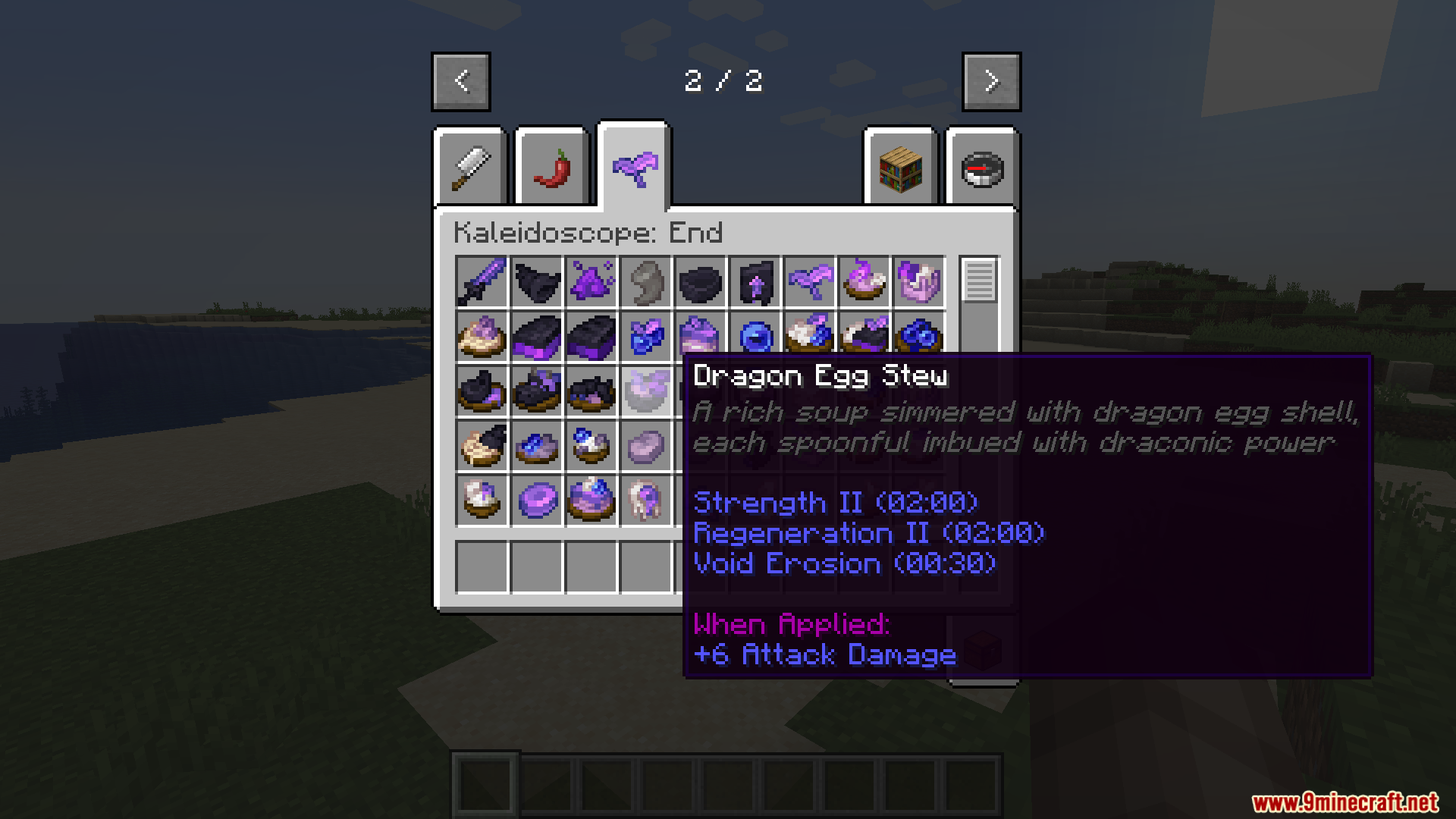 Kaleidoscope End Mod Screenshot 3 Inventory UI showing Dragon Egg Stew with Strength and Regeneration status effects