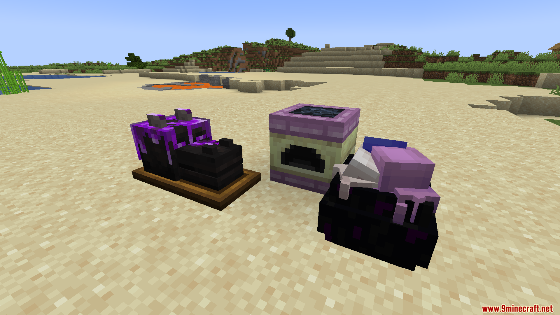 Kaleidoscope End Mod Screenshot 5 End themed cooking blocks and dragon cake displayed on a sandy beach