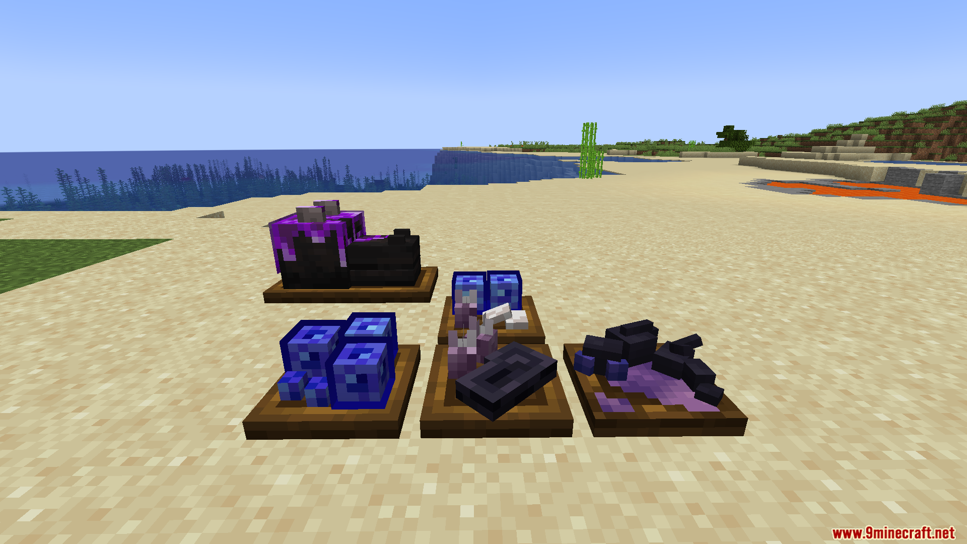 Kaleidoscope End Mod Screenshot 6 Assorted end dimension food items served on wooden plates on the sand