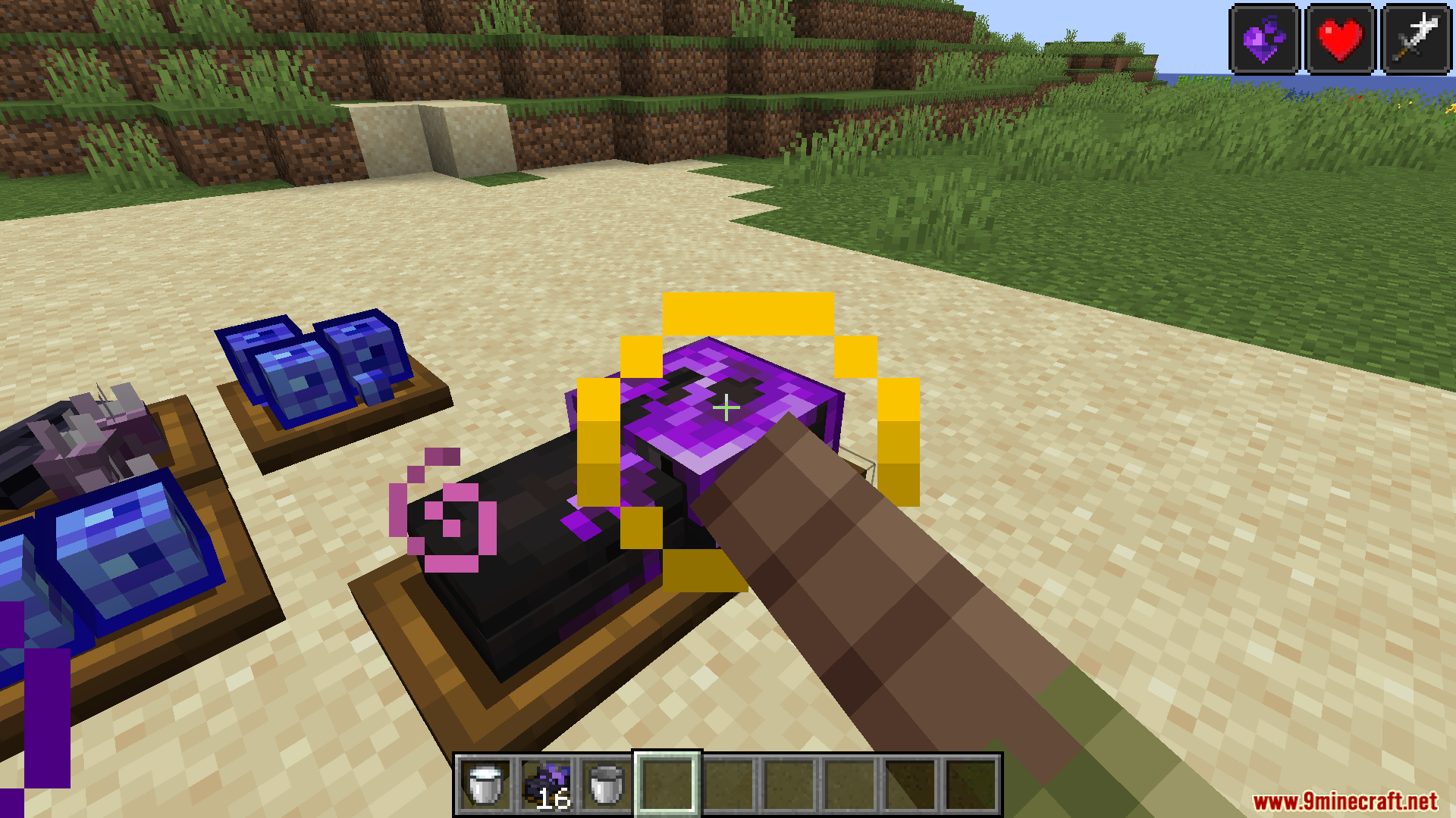 Kaleidoscope End Mod Screenshot 8 Player holding purple food item near a tray on the sand