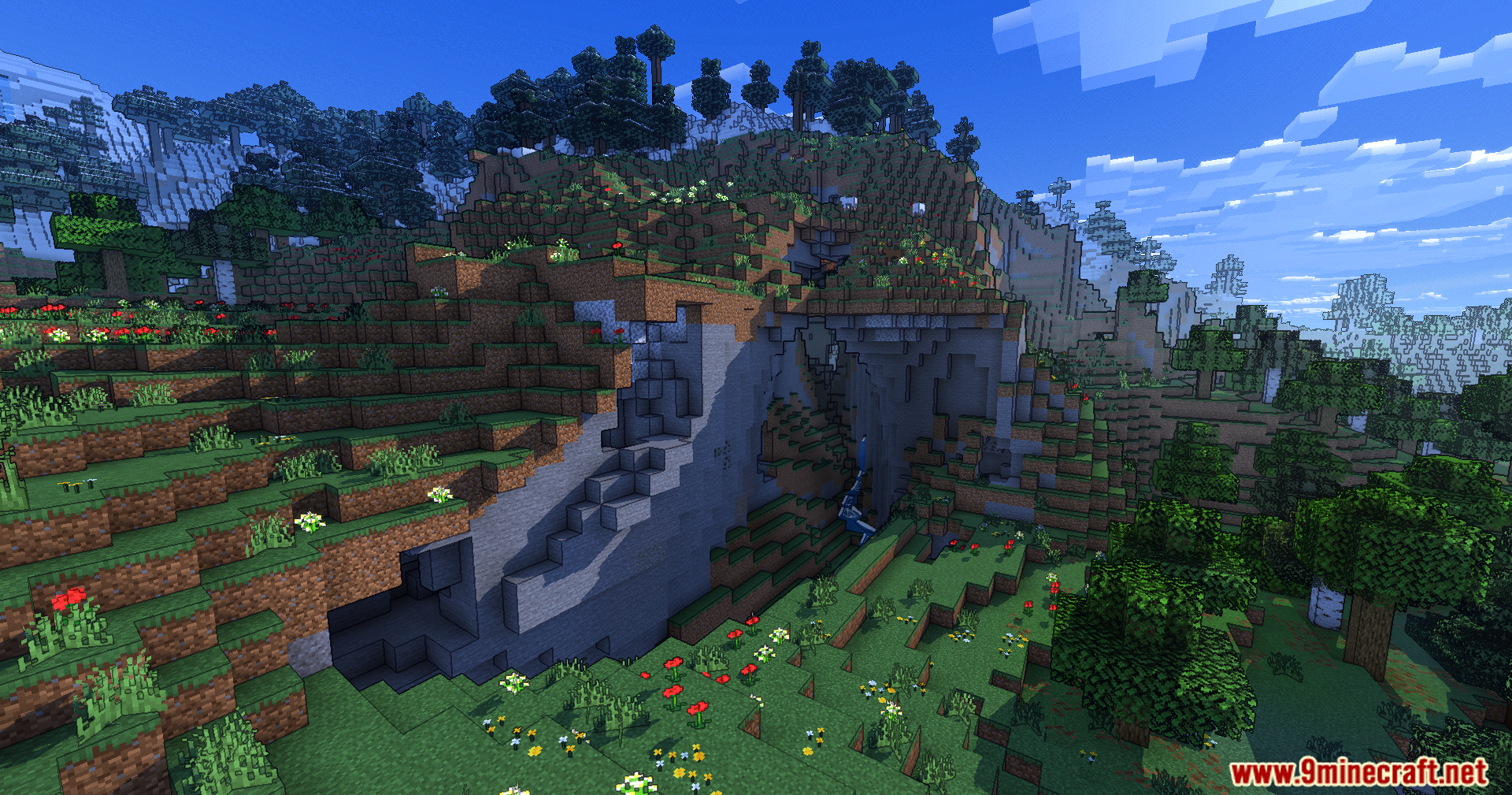 Grassy hills and a cave entrance featuring cel shaded lighting and ink outlines