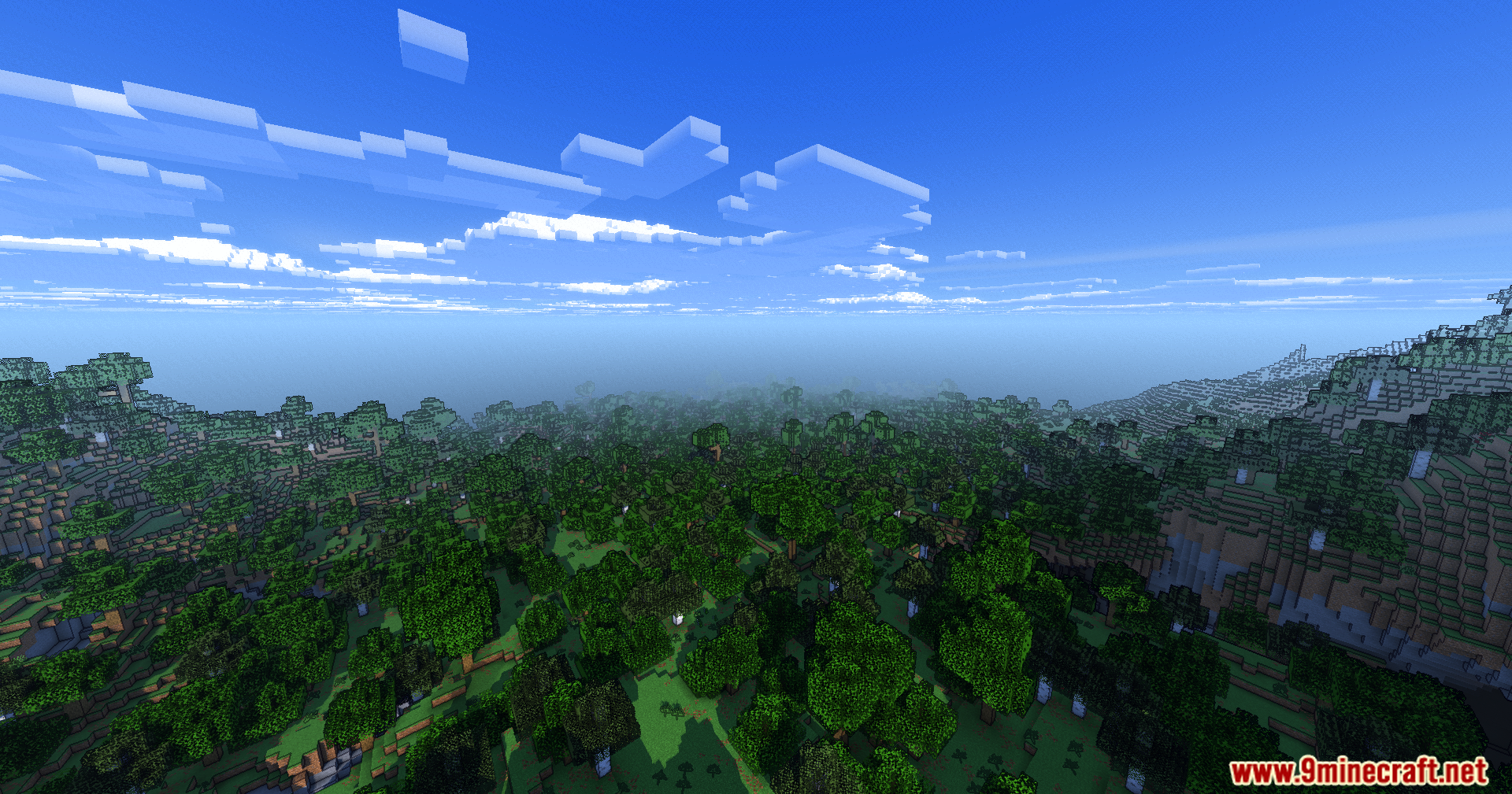 A vast Minecraft forest landscape featuring cel-shaded lighting and flat voxel clouds