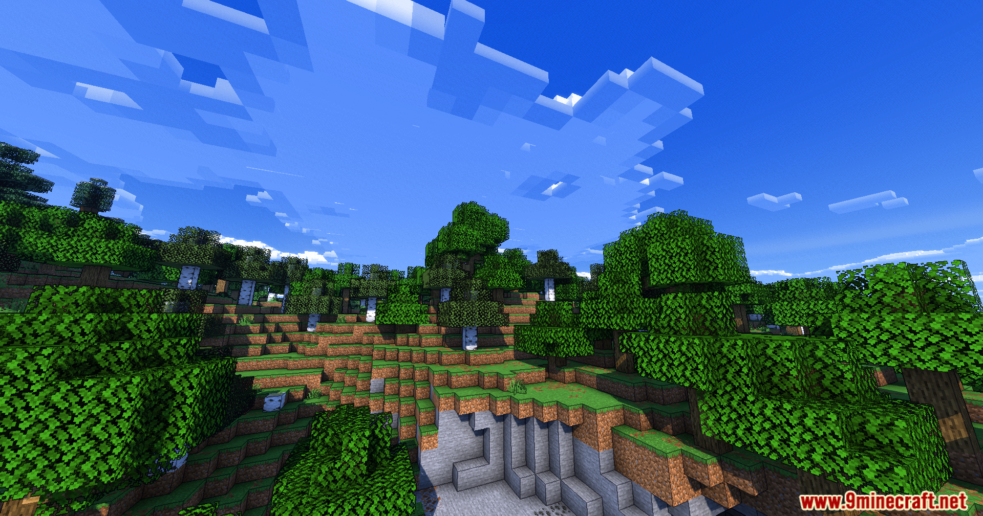 Wide Minecraft view featuring flat voxel clouds and cartoon cel shaded visual effects