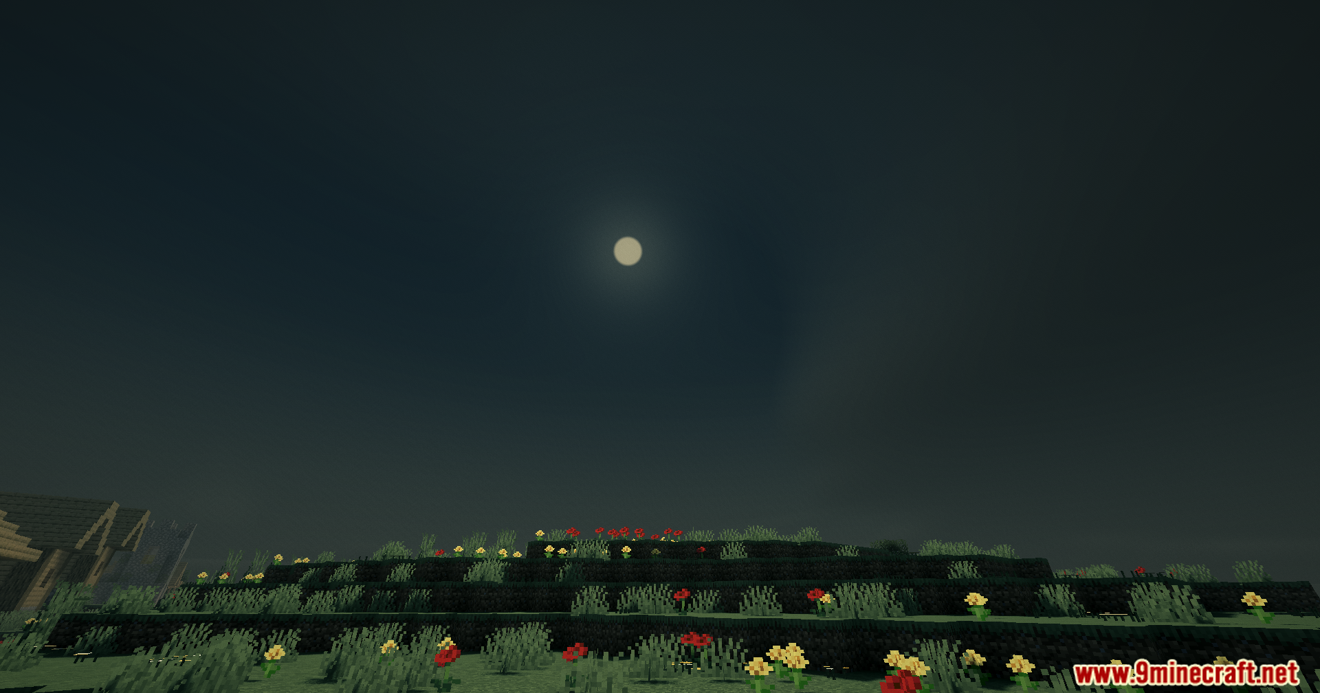 A bright full moon shines through thick fog over a dark flowery hill