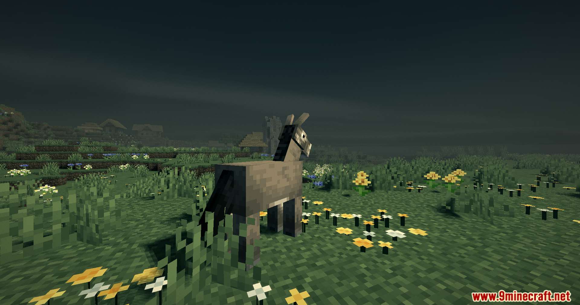 A lone donkey stands in a flowery field under a gloomy sky