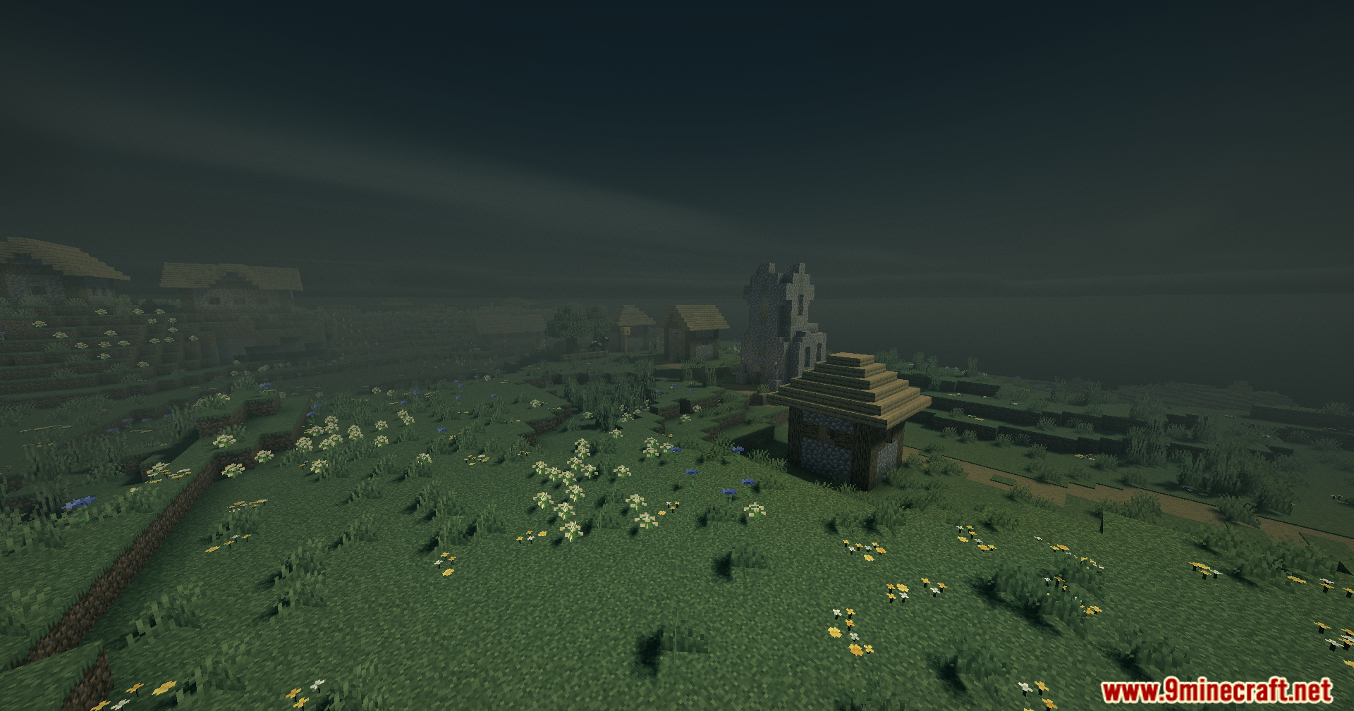 A foggy Minecraft village at night with flowers using Karma Shader Nightmare Shaders