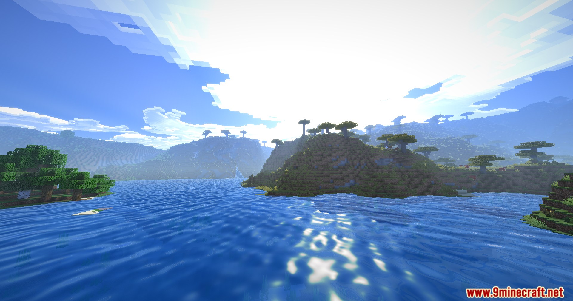 Karma Shaders Screenshot 11 Bright sun rays reflecting on turquoise water with thick clouds over the hills