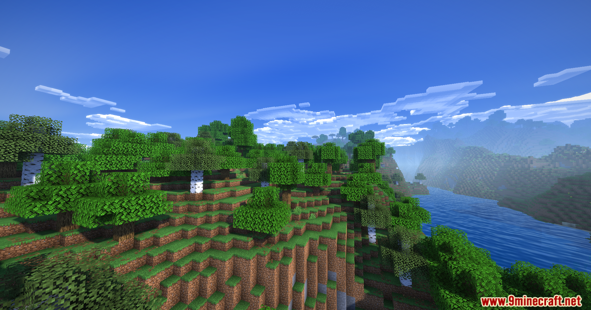 Karma Shaders Screenshot 12 Lush green forest and a calm river under a sky with realistic clouds