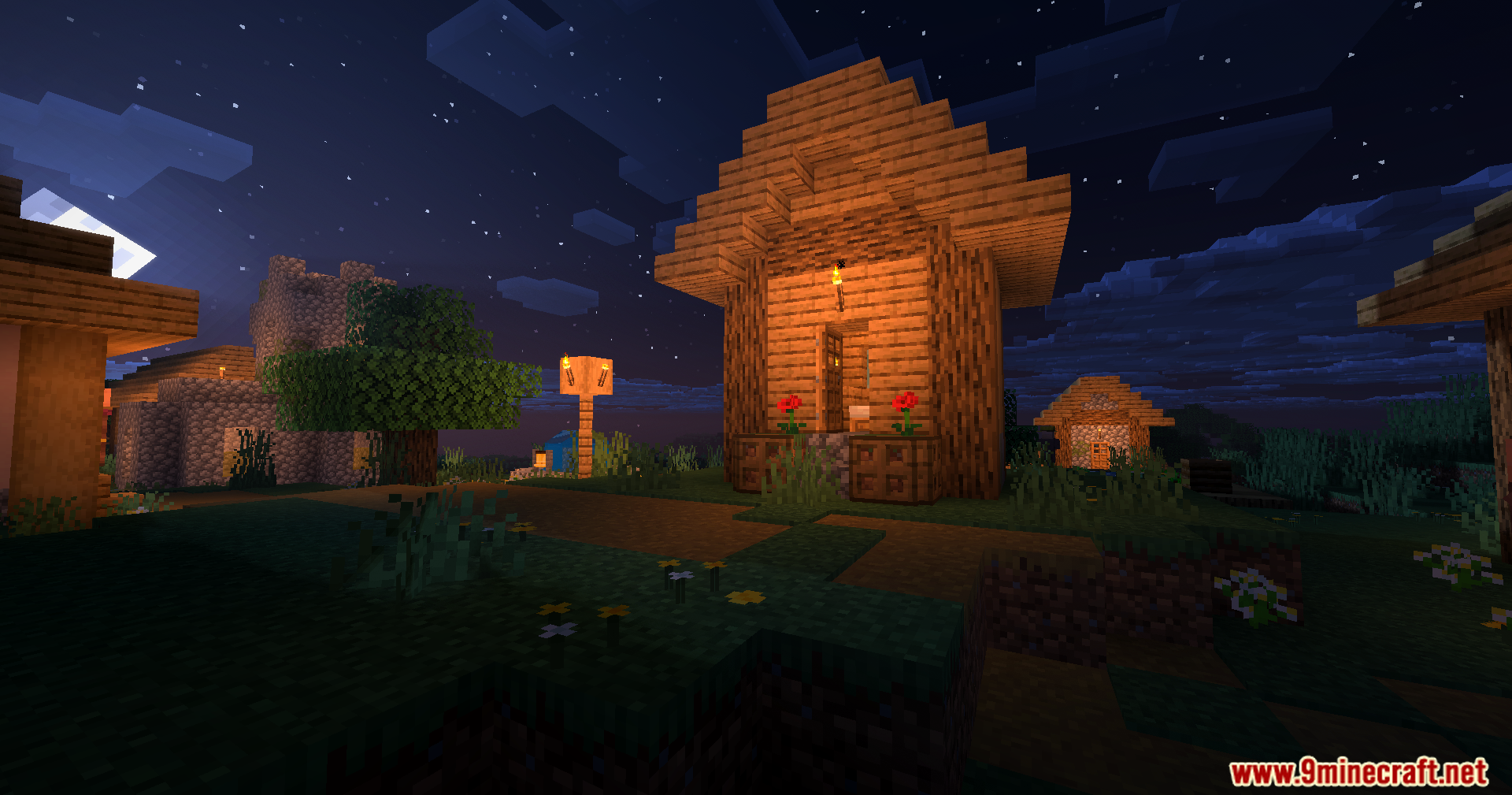 Karma Shaders Screenshot 3 Warm torch light illuminating a wooden village house during a starry night