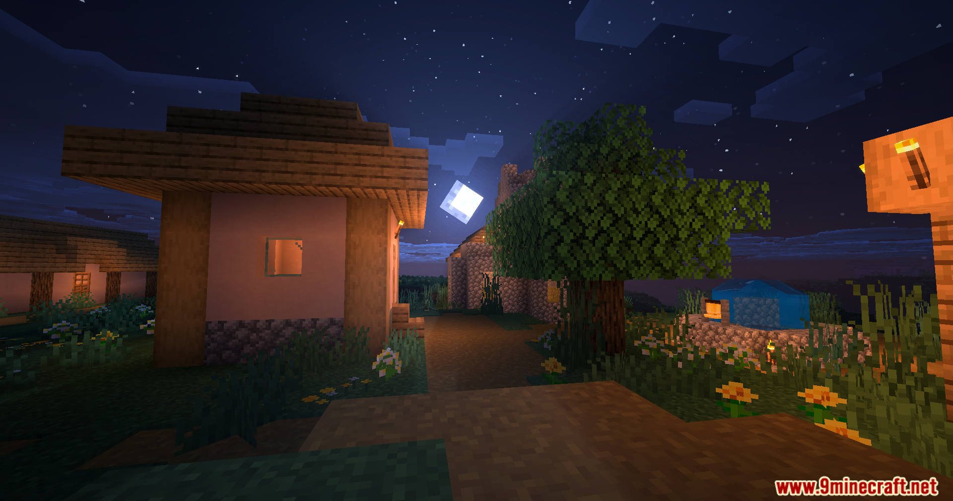 Karma Shaders Screenshot 4 Moonlight shining over a village path and trees under a cloudy sky