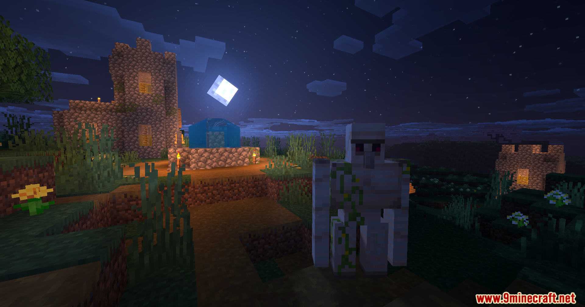 Karma Shaders Screenshot 5 An iron golem stands near a village well under the bright moonlit sky