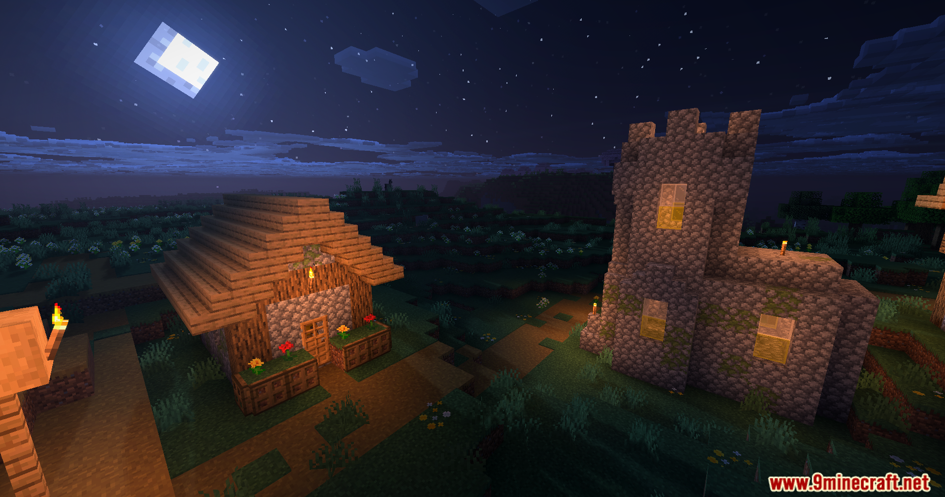 Karma Shaders Screenshot 6 Soft moonlight shines over a village path with a house and stone church