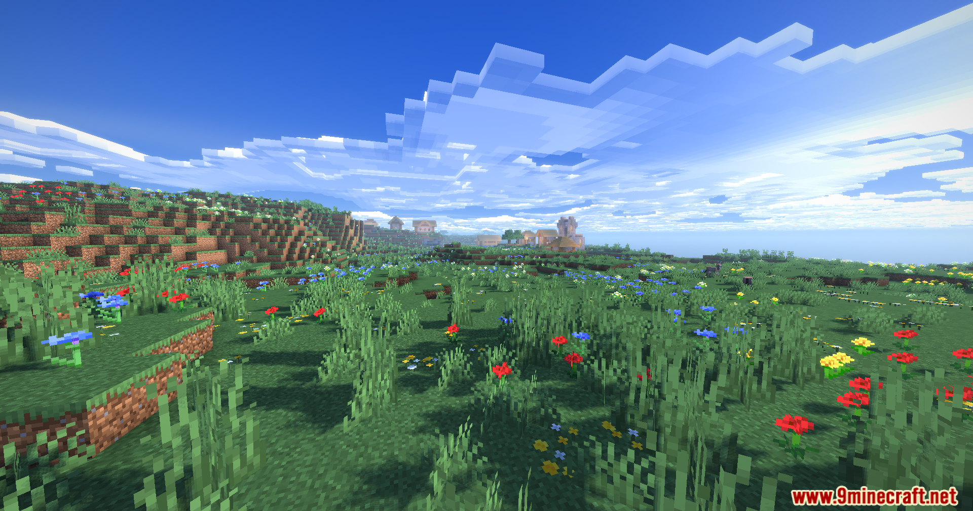 Karma Shaders Screenshot 8 Vibrant flower fields stretching toward a distant village under a clear sky