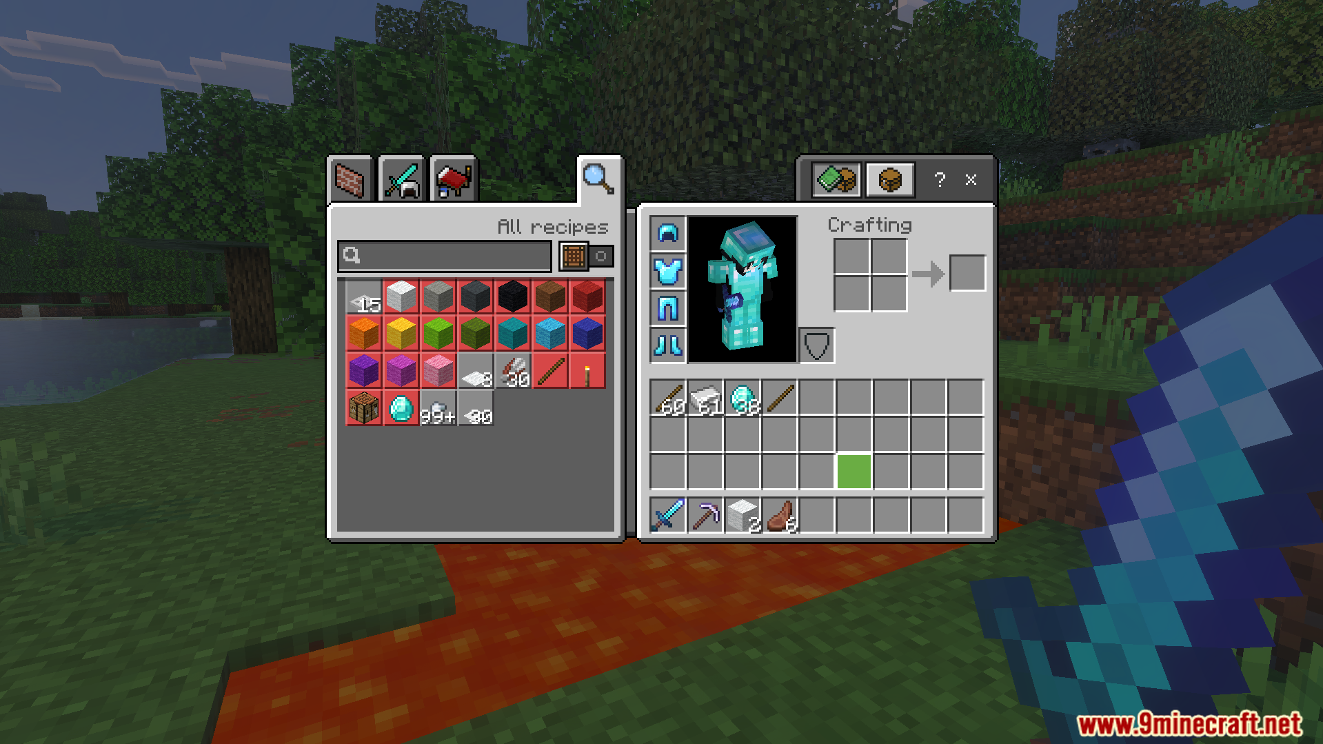 Inventory screen showing diamond gear and resources next to a lava pit