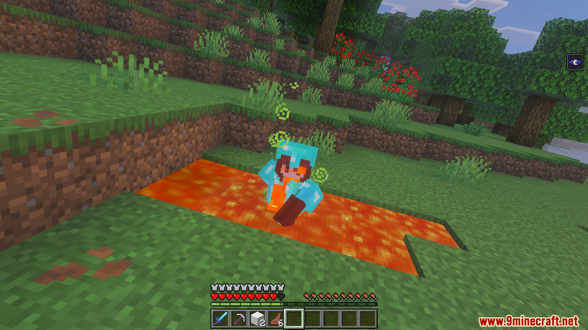 Player wearing diamond armor standing in lava to protect items from burning