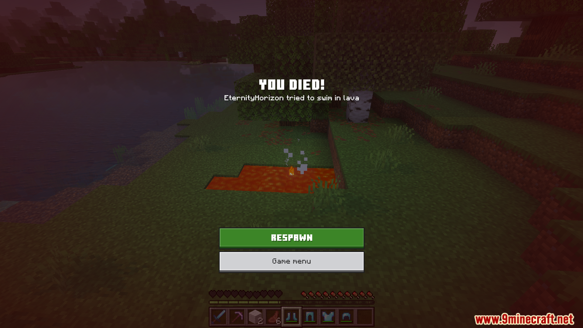 Death screen showing a player who died in lava with items saved