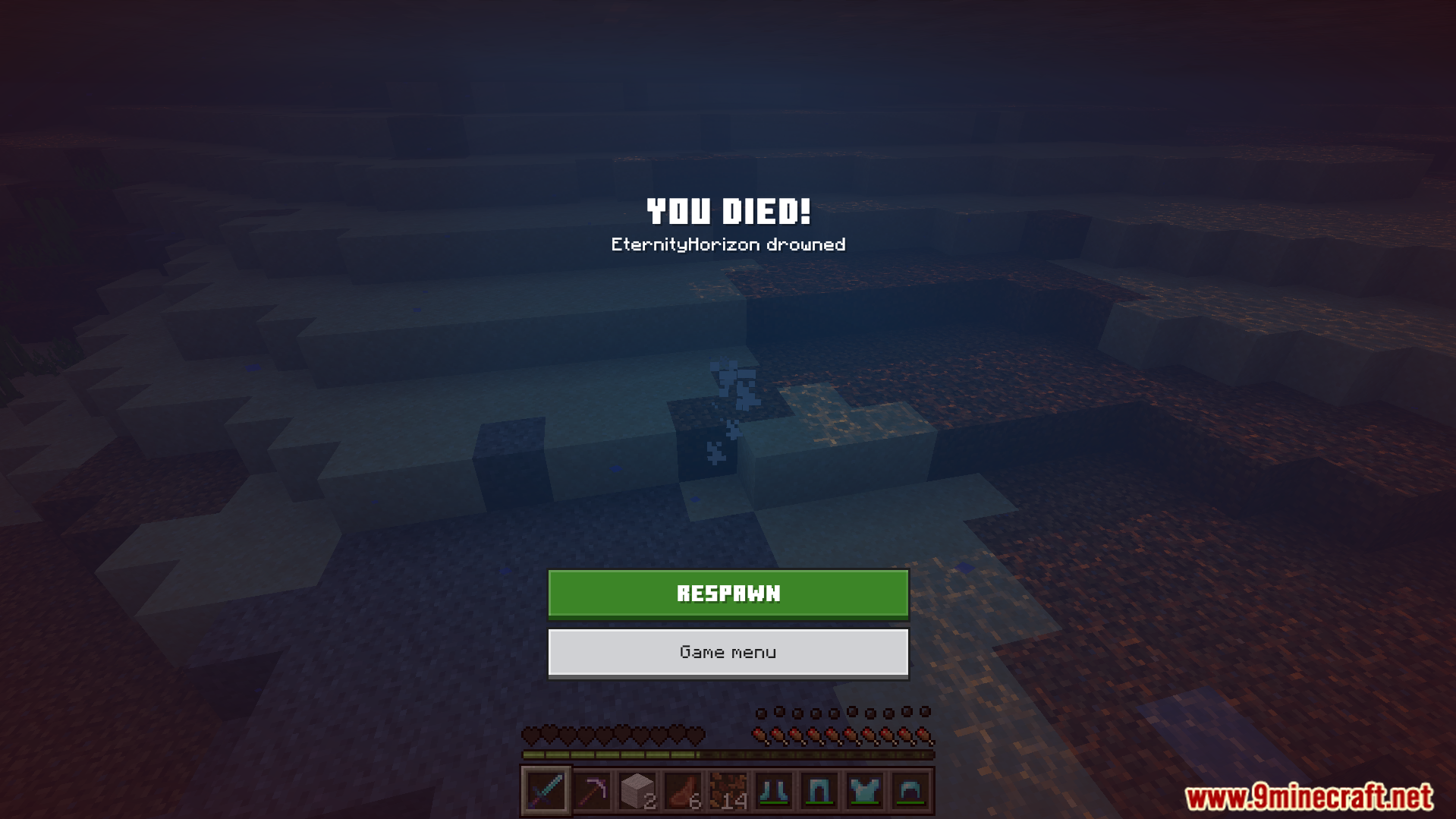 Death screen showing the player drowned while keeping all their items and gear