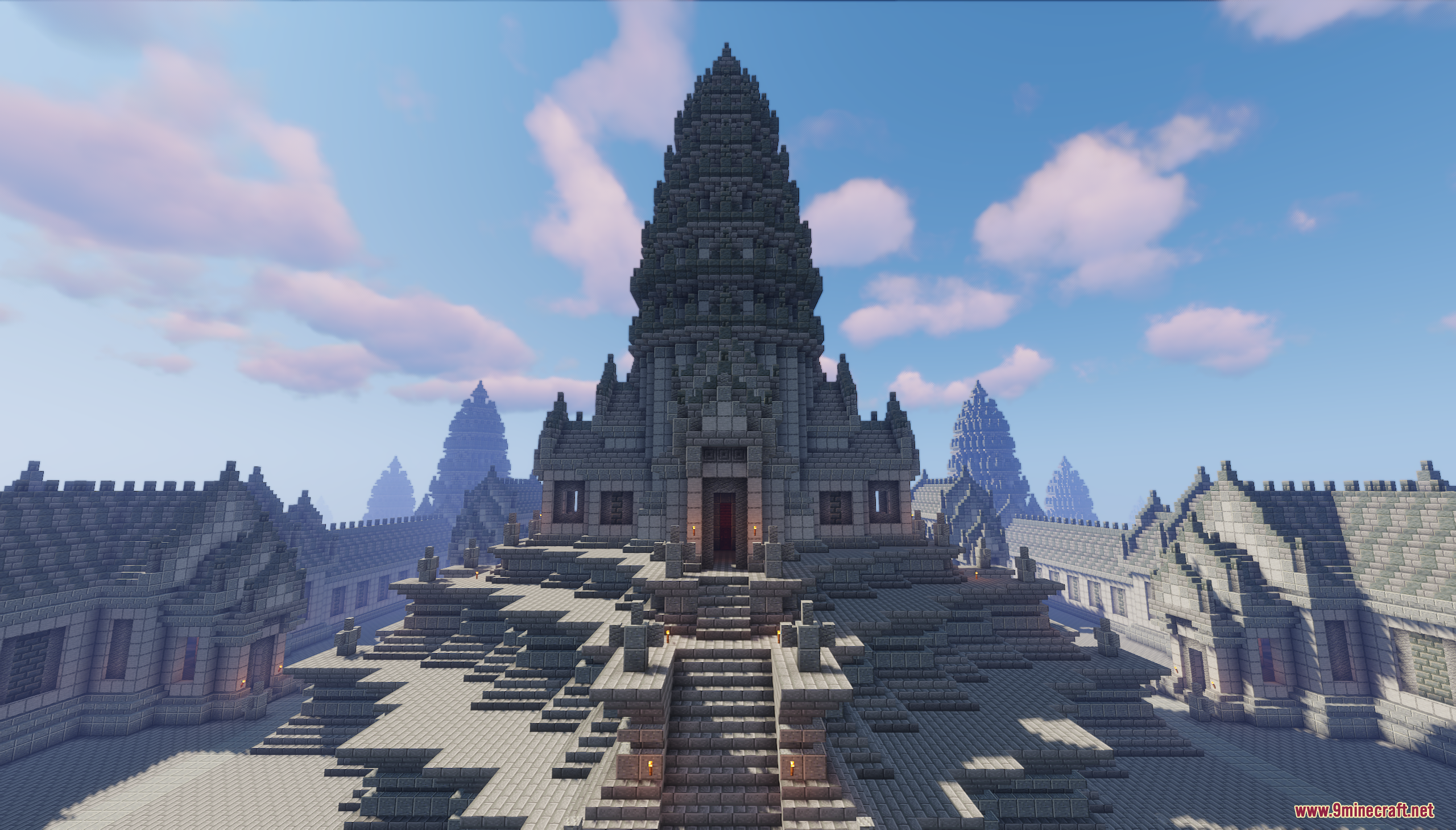 Khmer Temple Map Screenshot 1 A detailed stone Khmer temple with a tall central tower in Minecraft