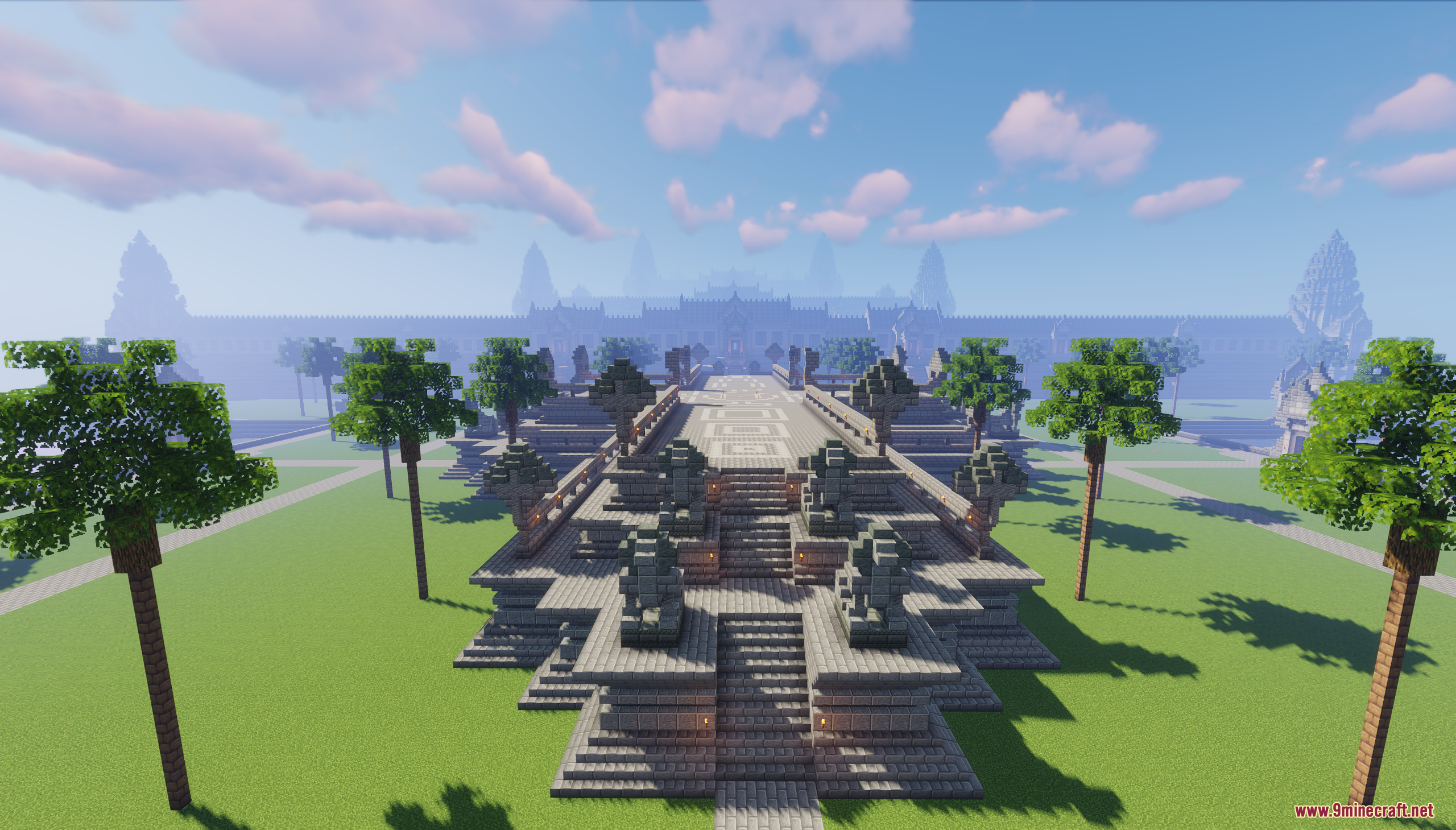 Khmer Temple Map Screenshot 7 A grand stone bridge leading to a massive ancient Khmer temple in Minecraft
