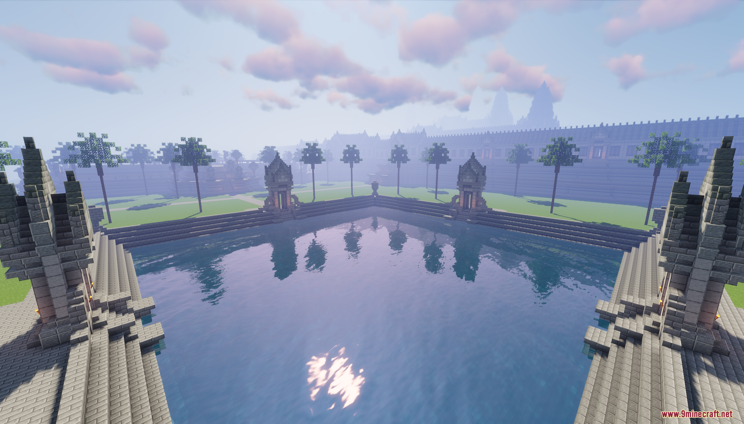 Khmer Temple Map Screenshot 8 A large rectangular pool reflecting the sky surrounded by stone steps and trees