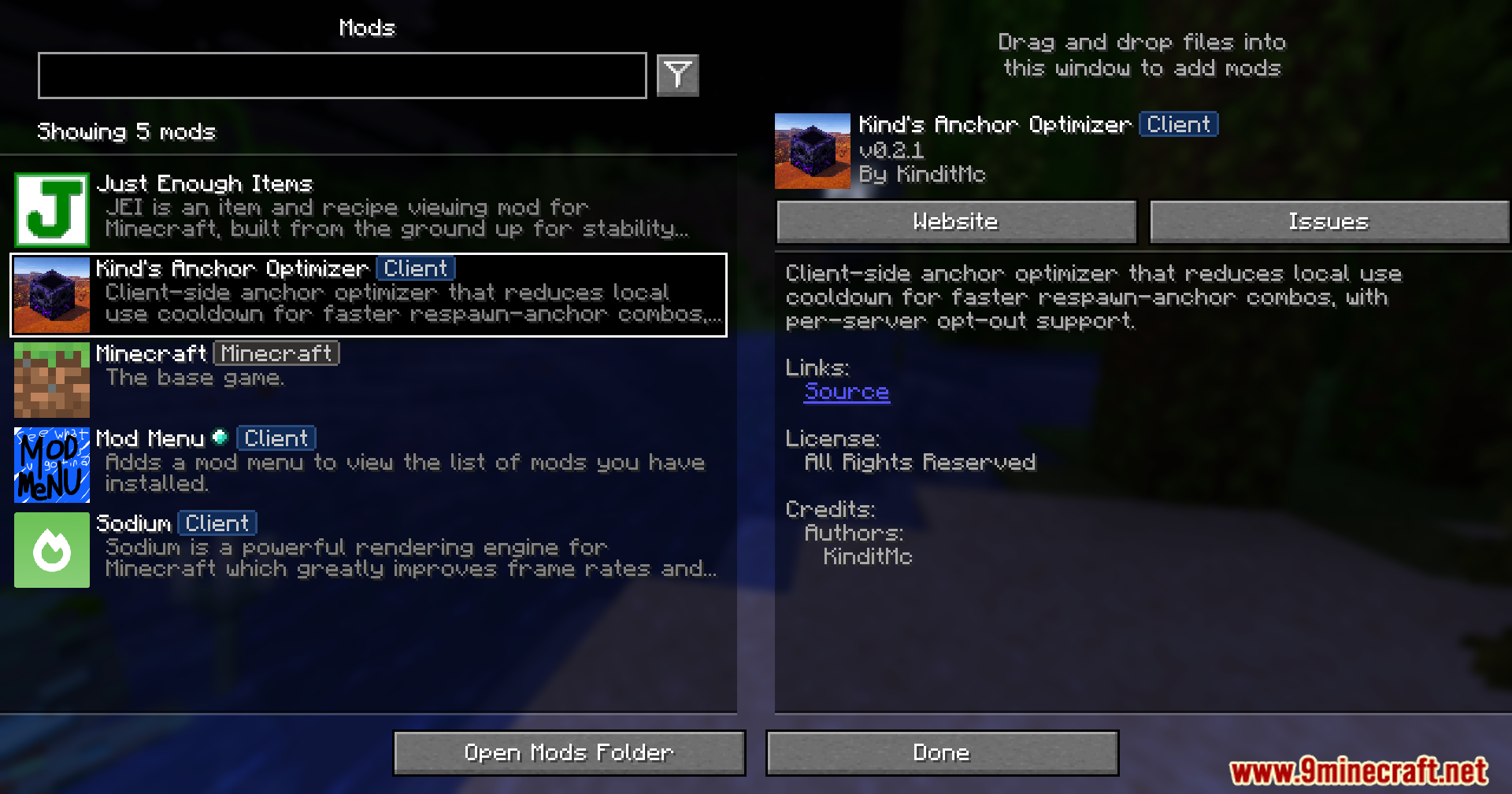 Mod menu interface showing the Anchor Optimizer and other installed mods