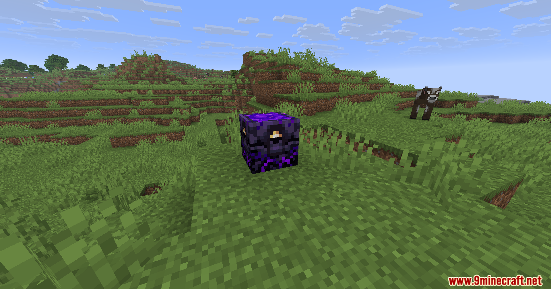 A Respawn Anchor block placed on a grassy field in Minecraft