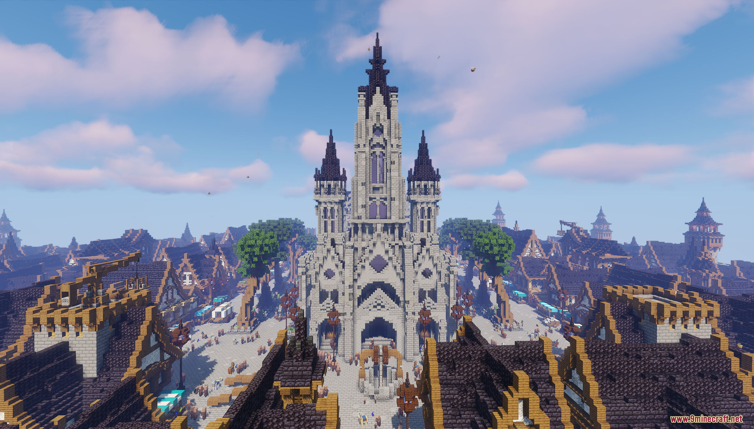 A grand stone cathedral stands at the center of a medieval city