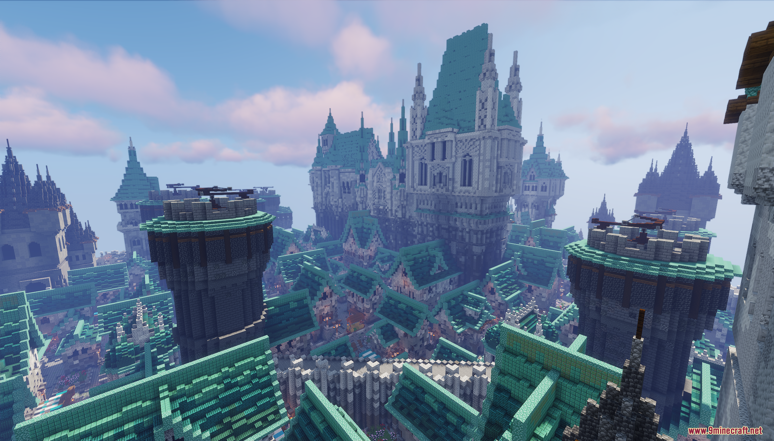 Detailed view of dense city buildings and tall towers with teal roofs