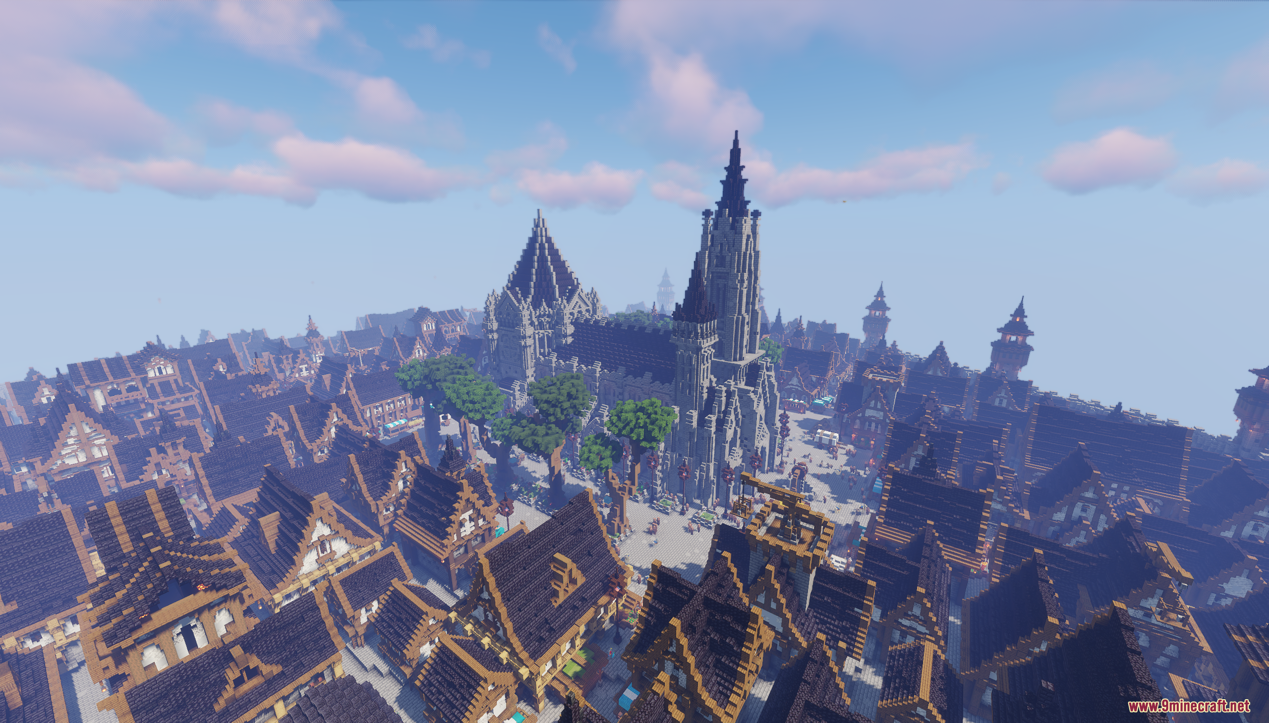 Aerial view of the Kingdom of Five Bridges showing many medieval houses