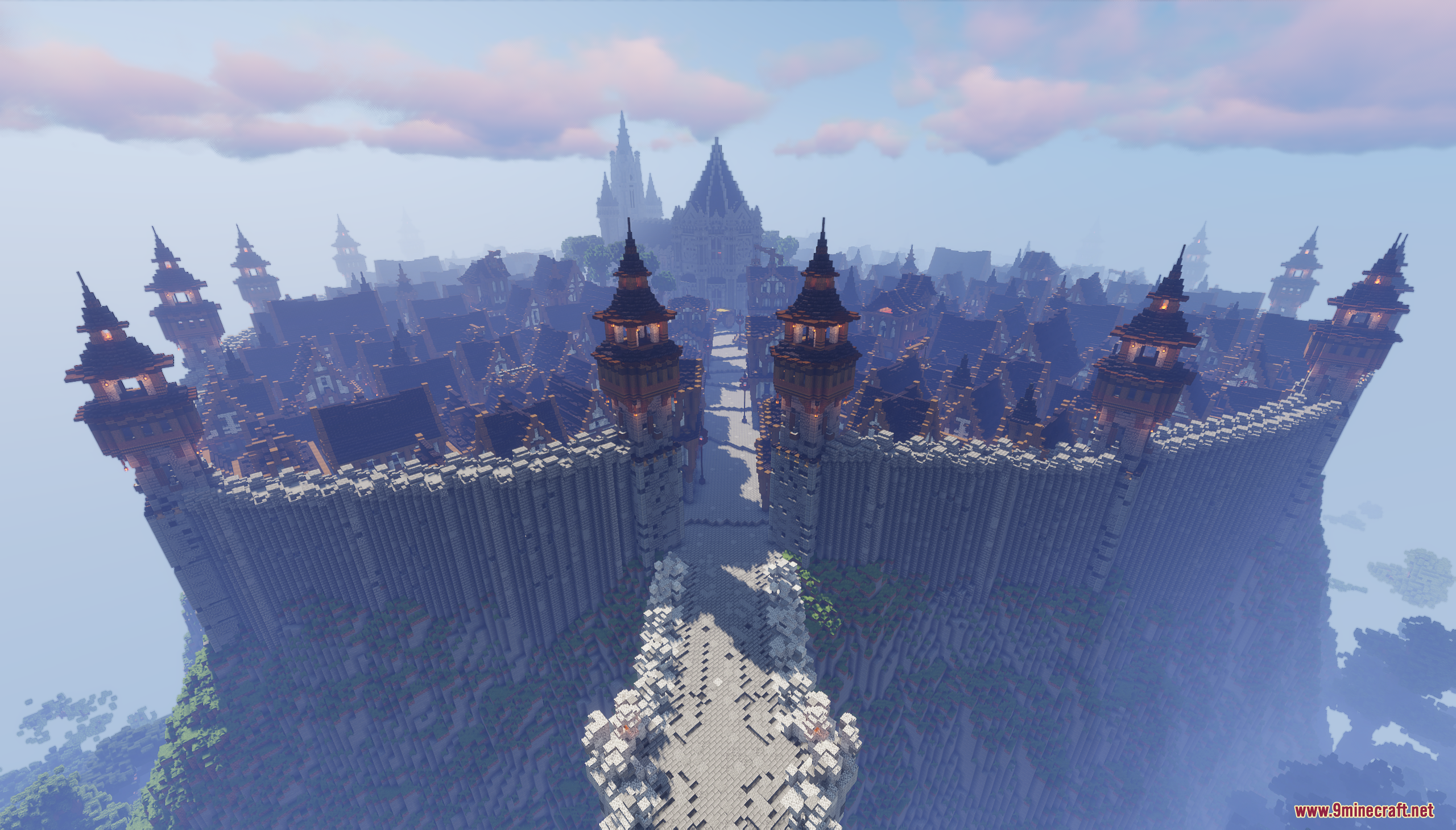 Aerial view of the Kingdom of Five Bridges Map with high walls