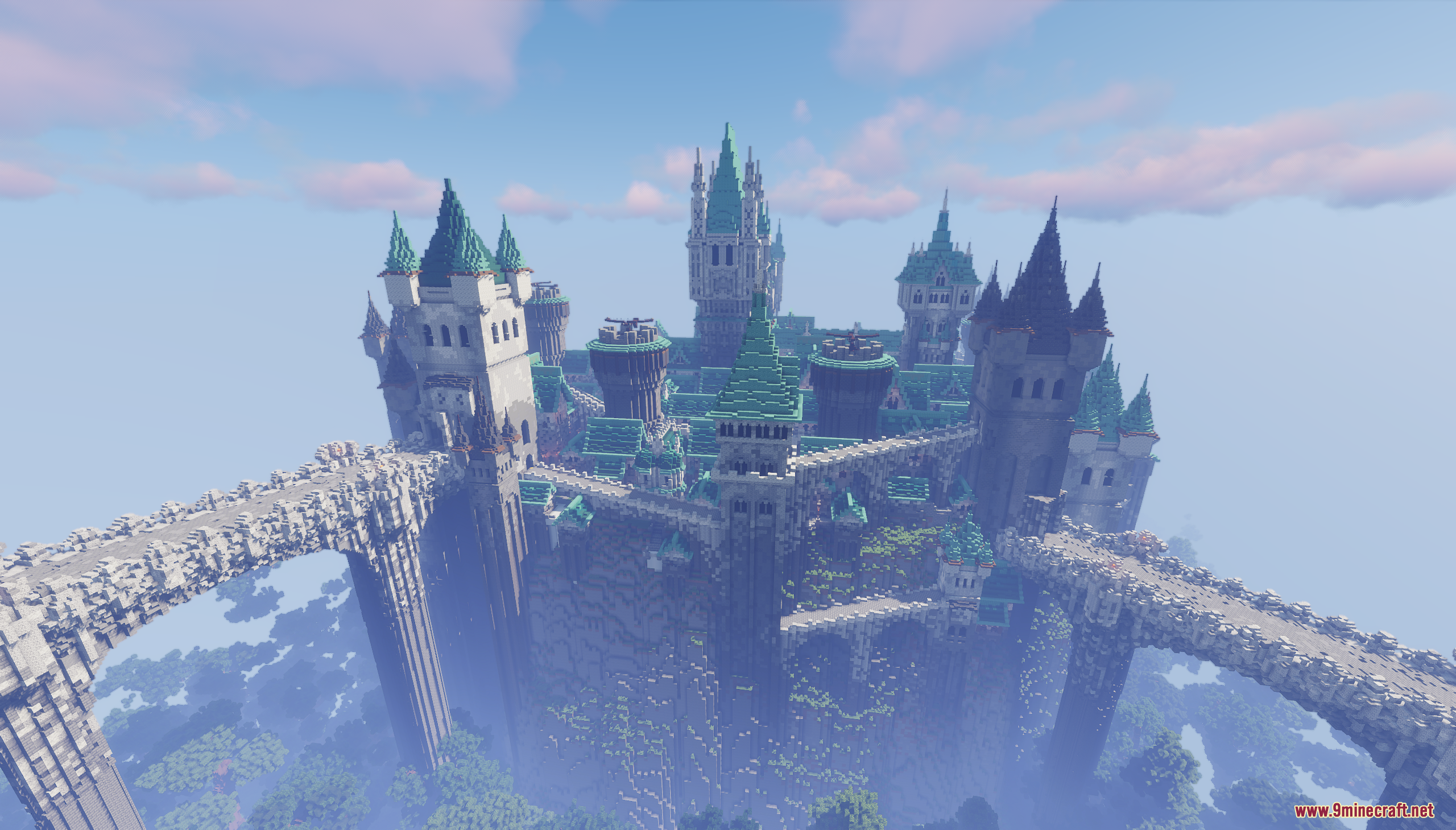 Aerial view of several long stone bridges connecting a grand fantasy castle
