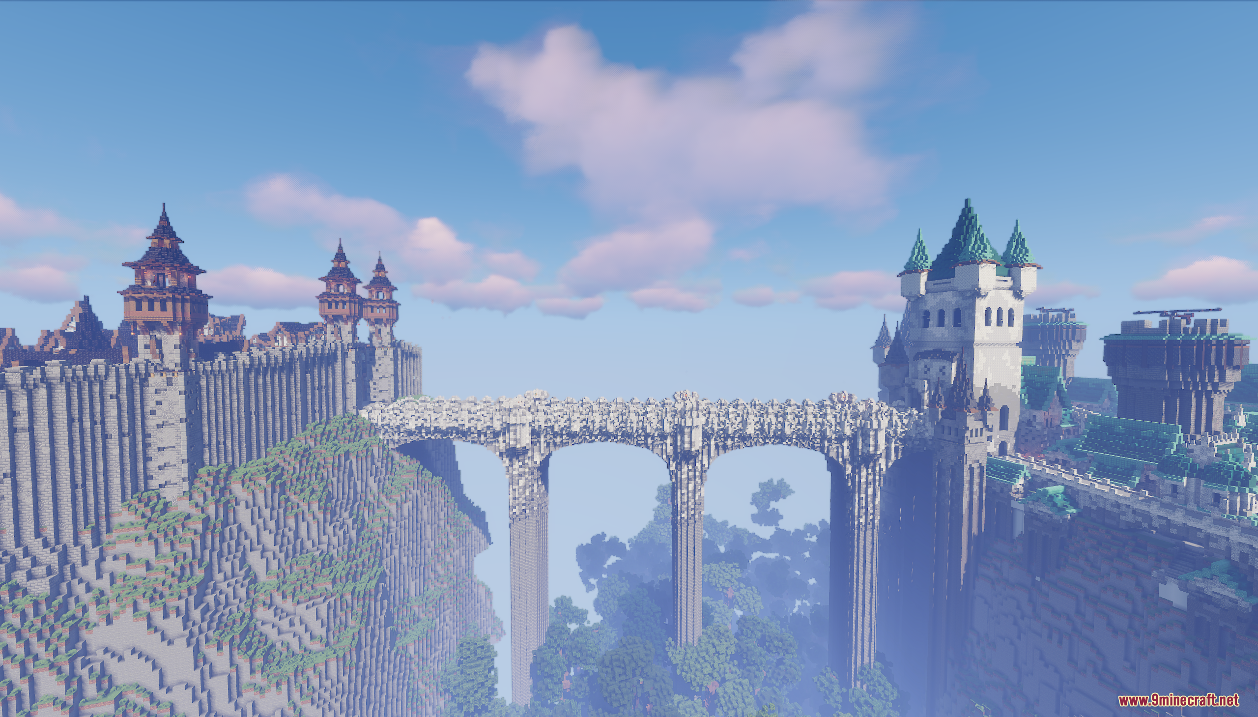 A grand stone bridge connecting two fortresses in Kingdom of 5 Bridges Map