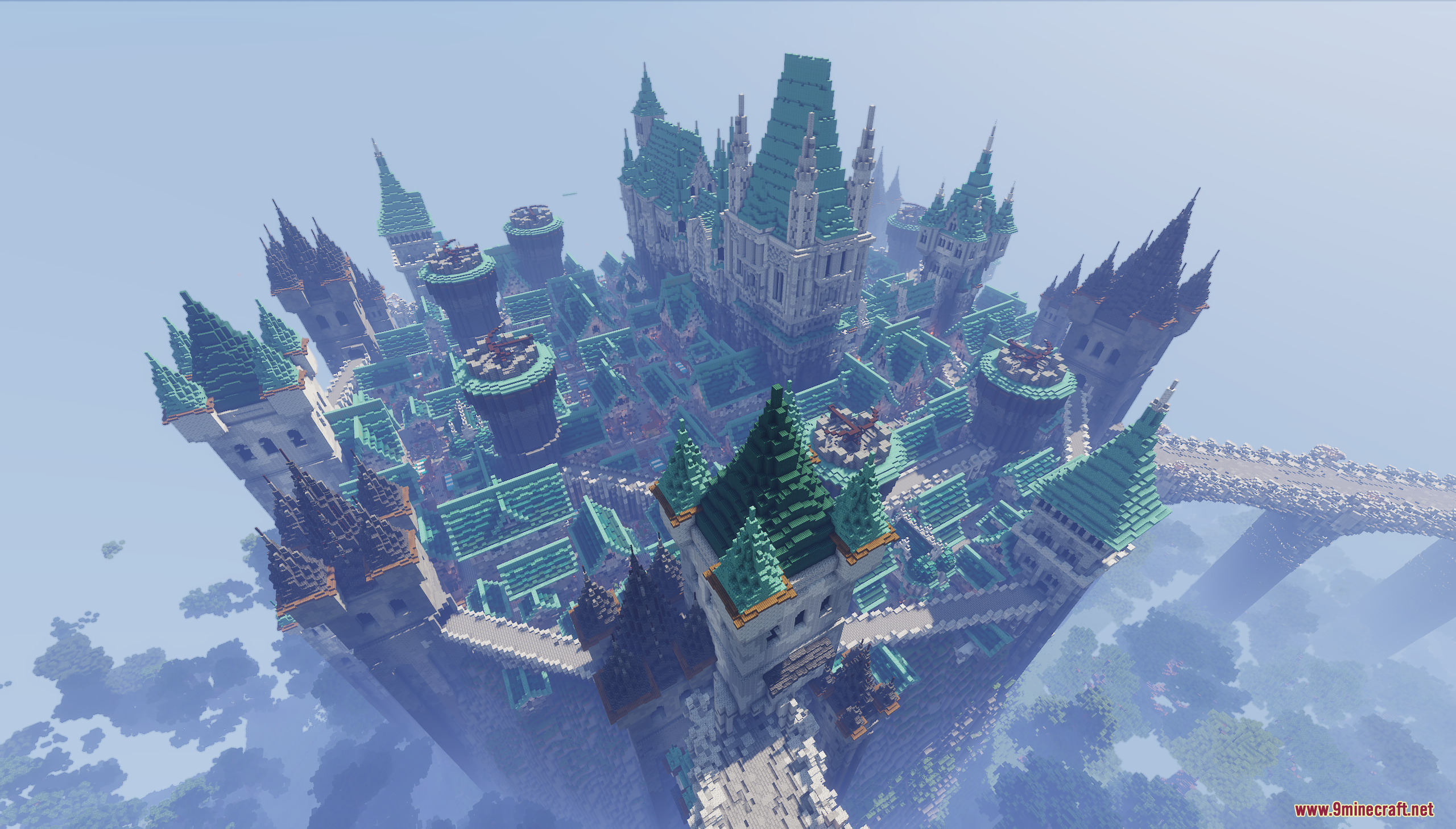 Aerial view of the Kingdom of Five Bridges with many teal roofs