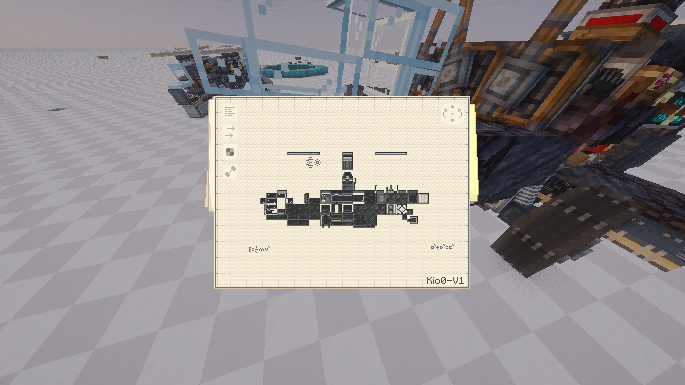 Minecraft interface displaying a technical schematic blueprint for a custom helicopter vehicle