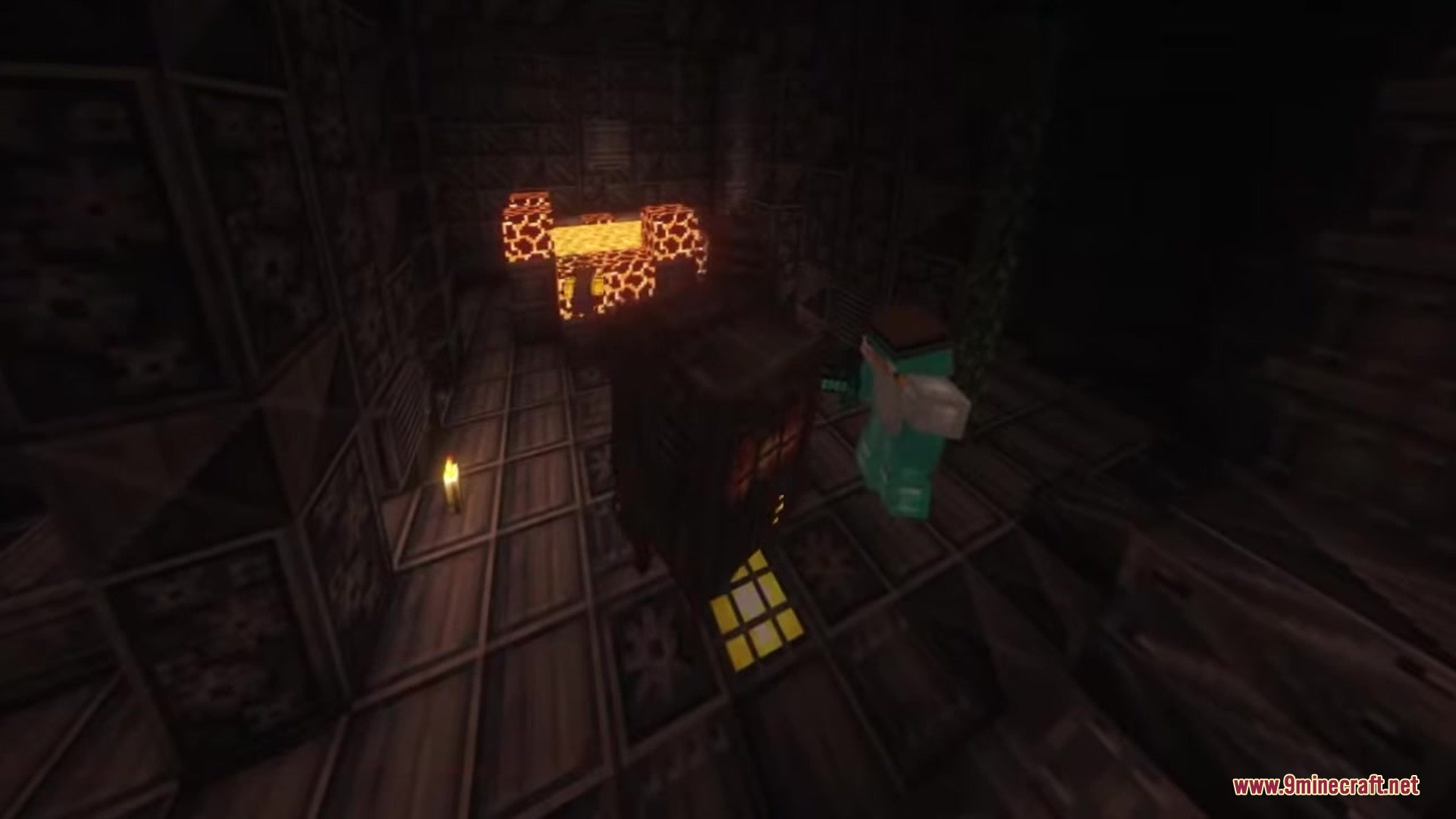 A player explores futuristic ruins from the Kismet Mod with a lava altar