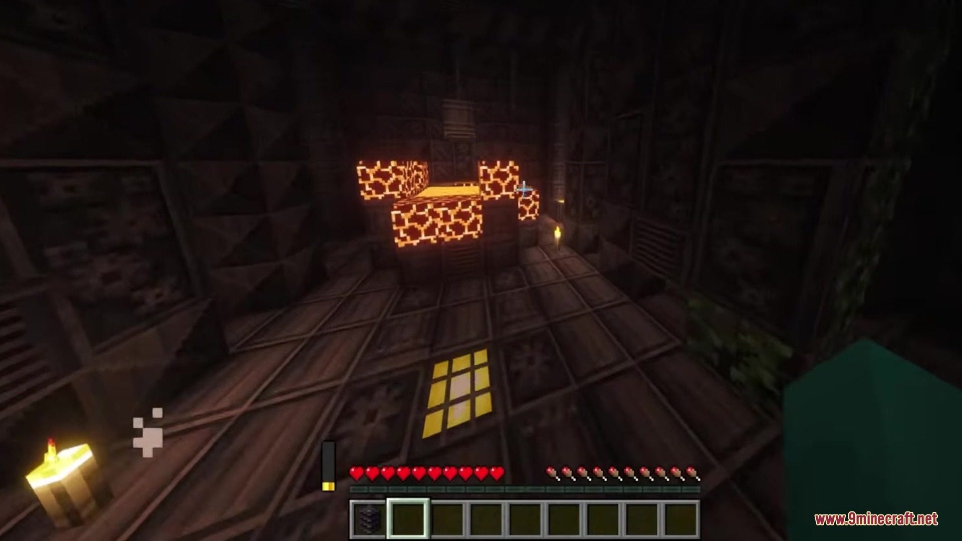 Exploring a dark futuristic tech ruin with glowing orange blocks and battery meter