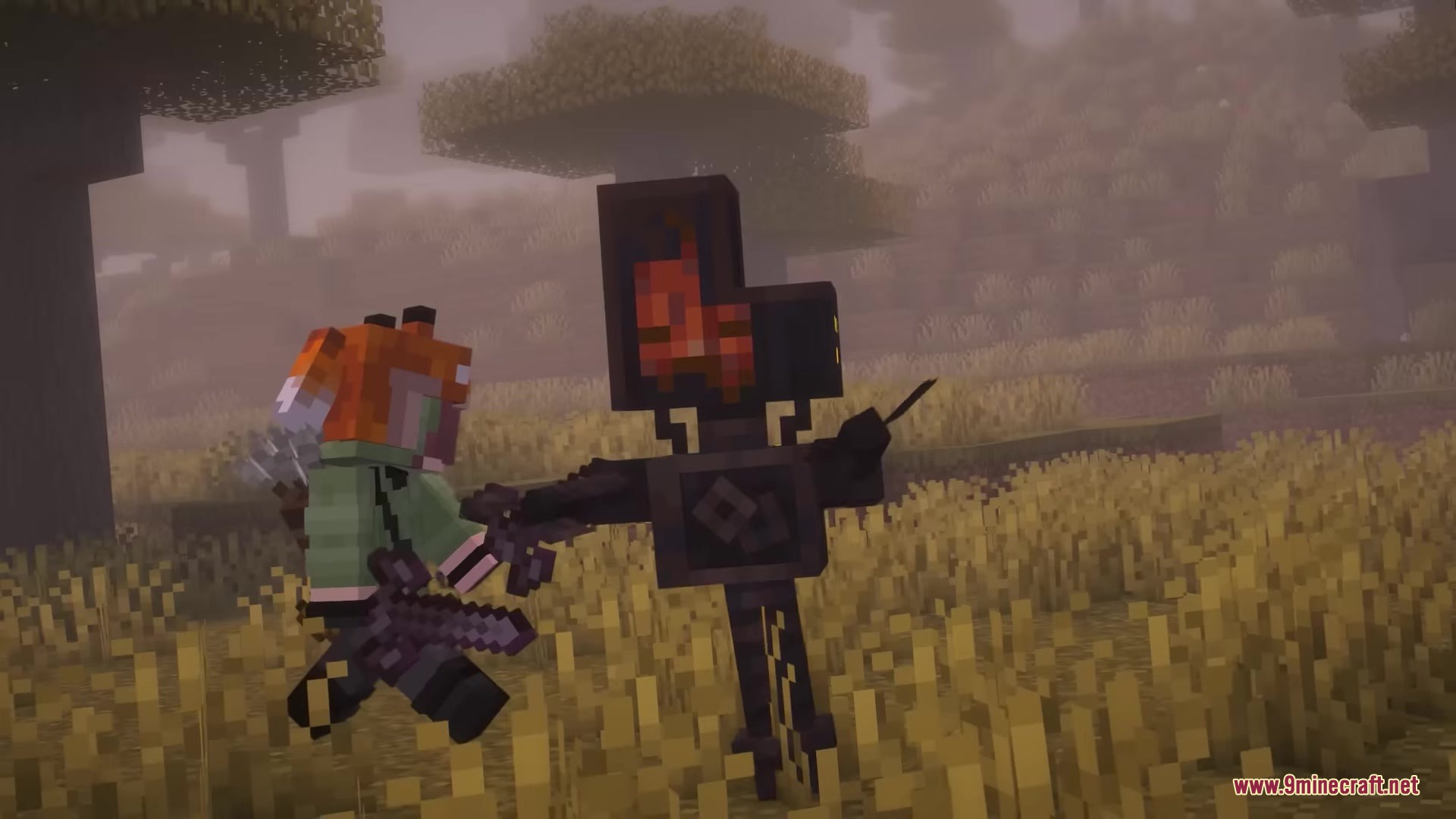 A player fights a robotic Kilobyte enemy in a grassy savanna field