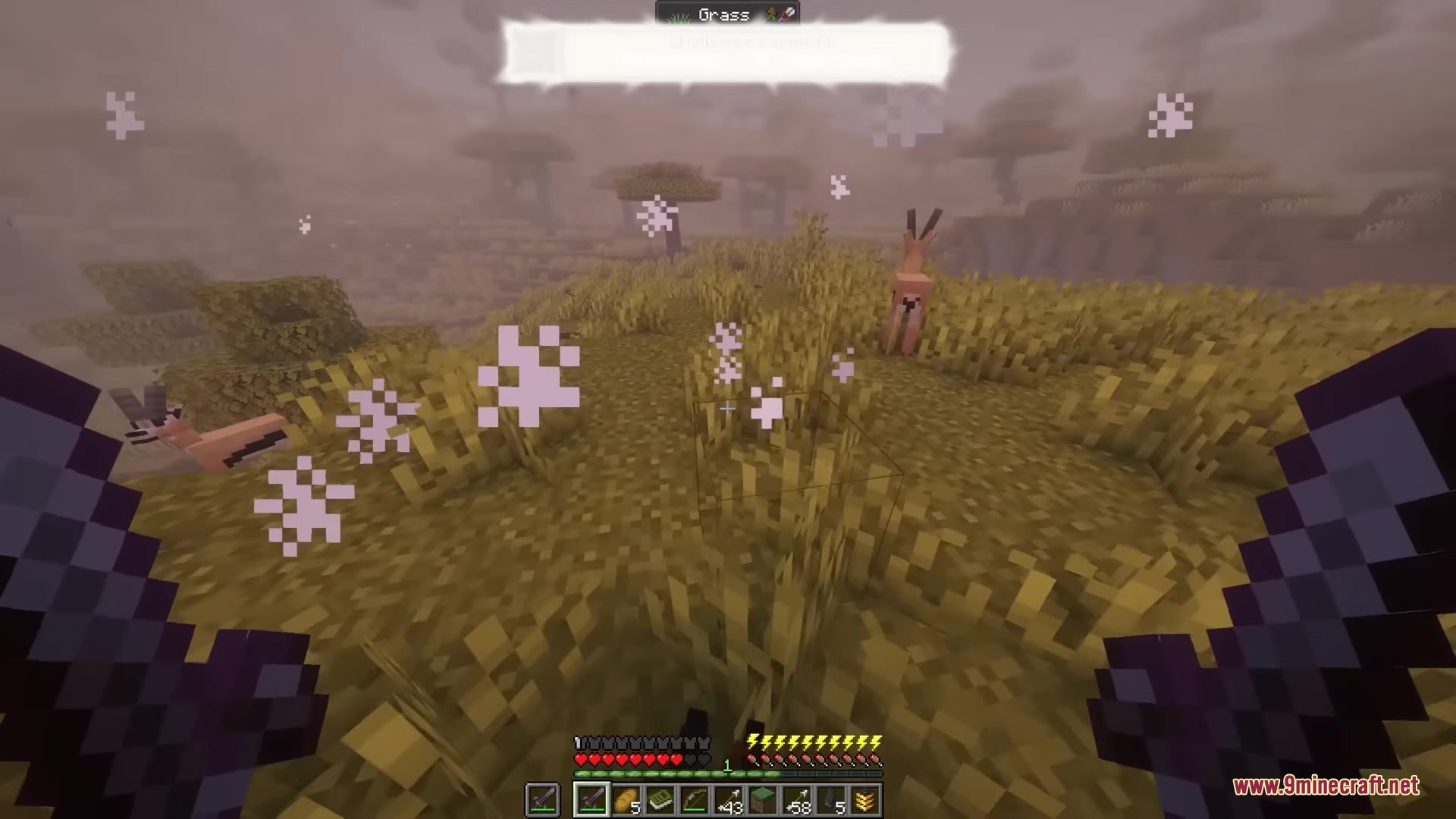 First person view holding dual weapons with a battery meter and pink particles