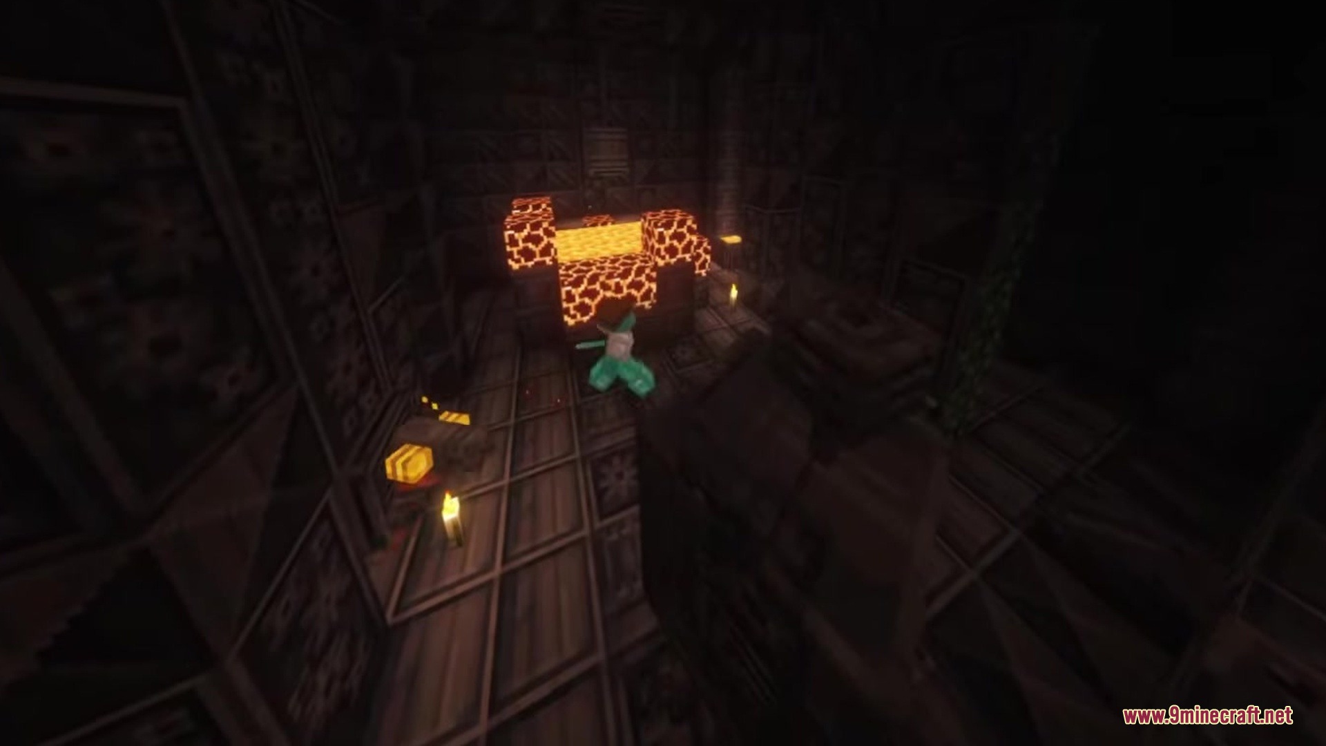 A character in green armor jumps near a glowing lava structure in ruins