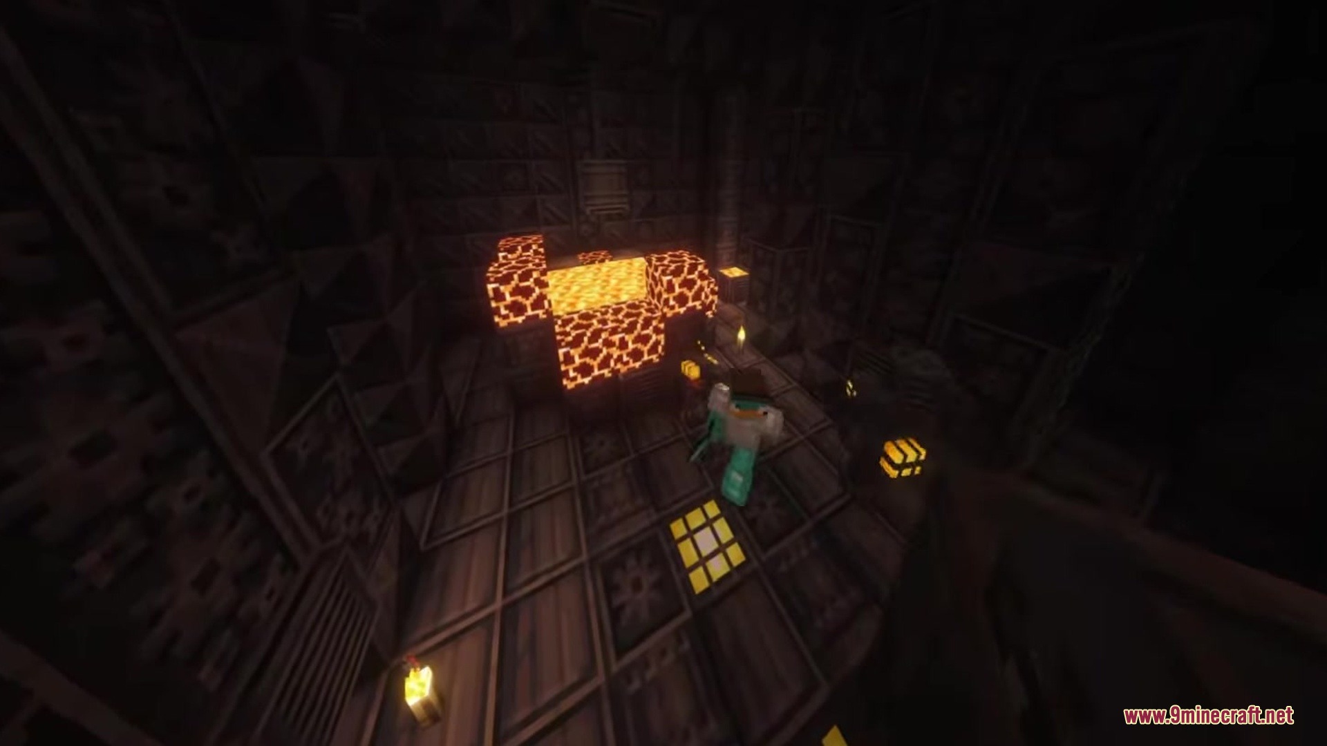 A player explores a dark tech ruin filled with lava and magma blocks