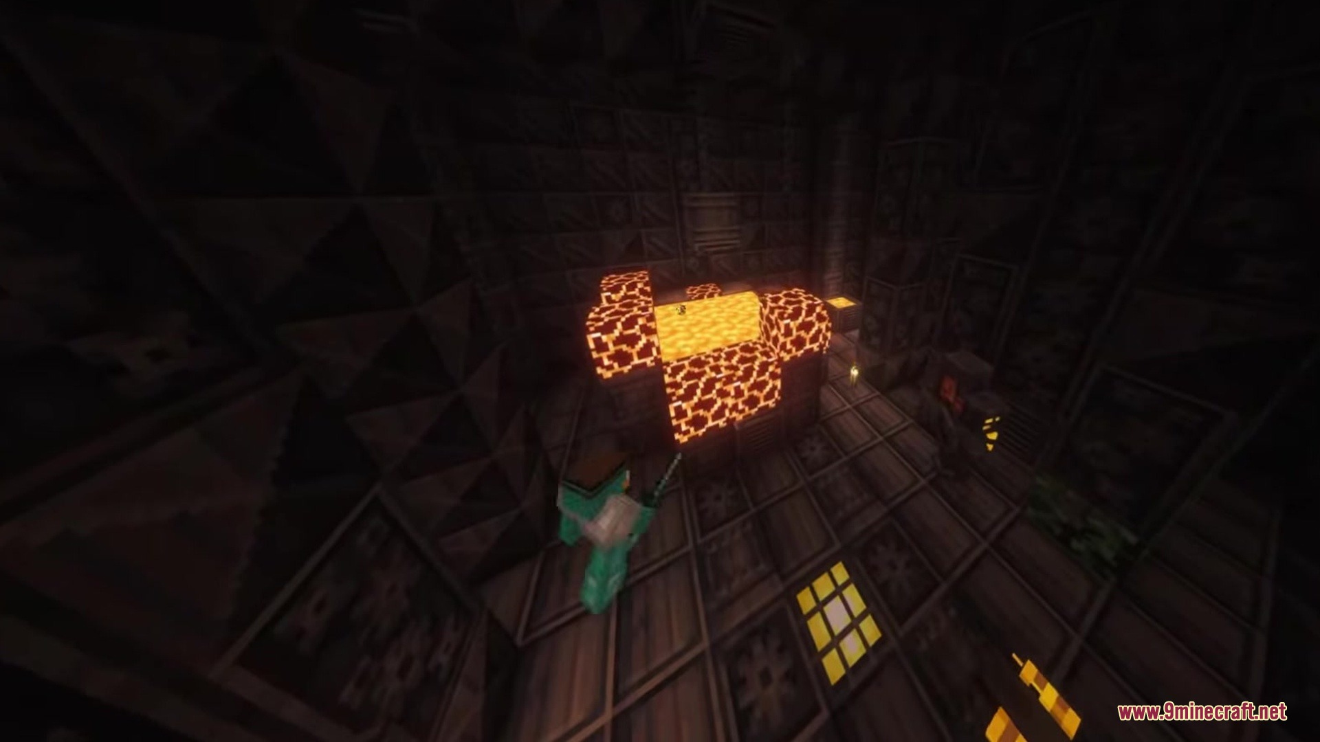 A player stands near a lava pool inside a mysterious futuristic structure