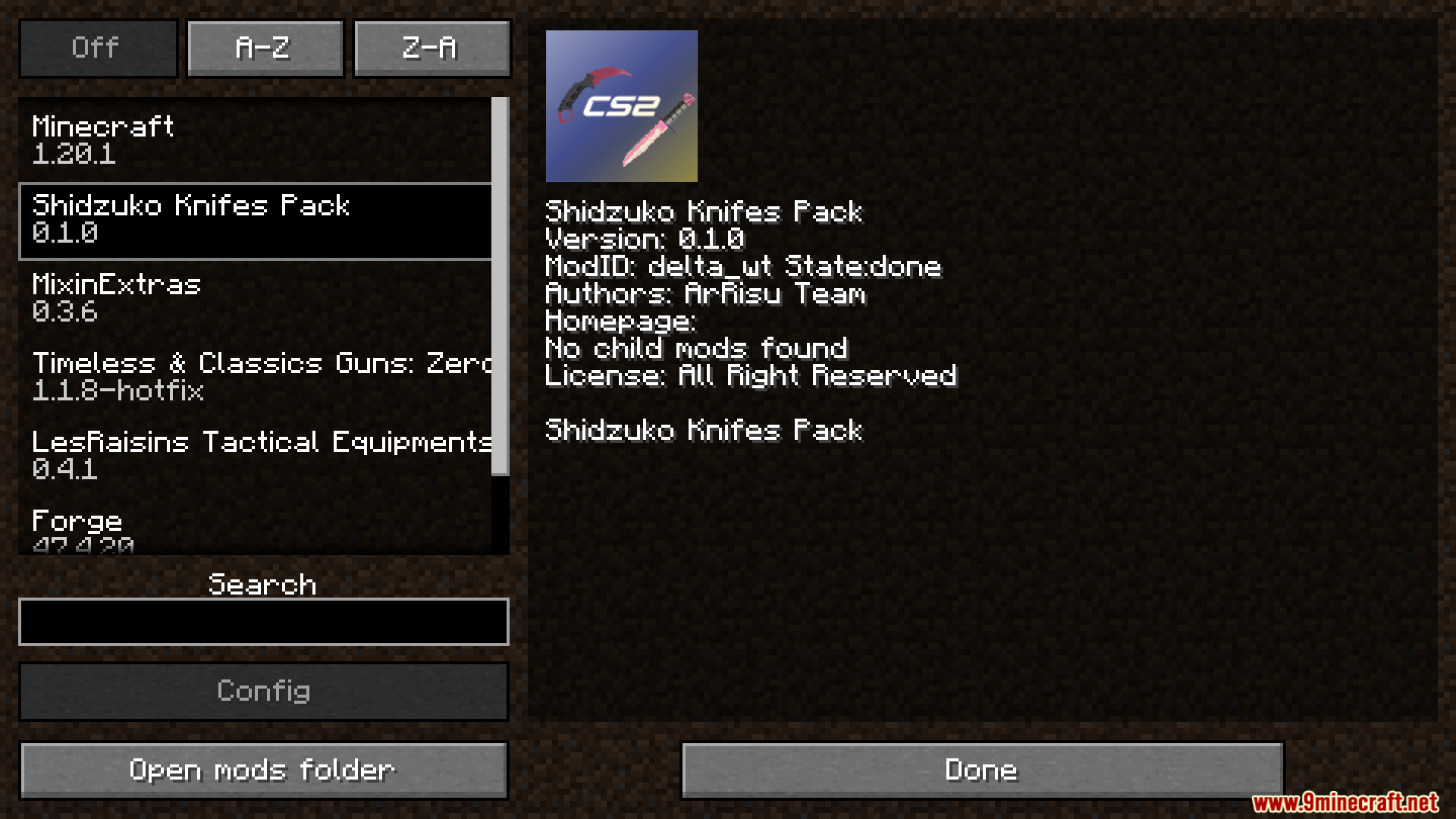 Minecraft mod menu screen displaying details for the Shidzuko Knifes Pack