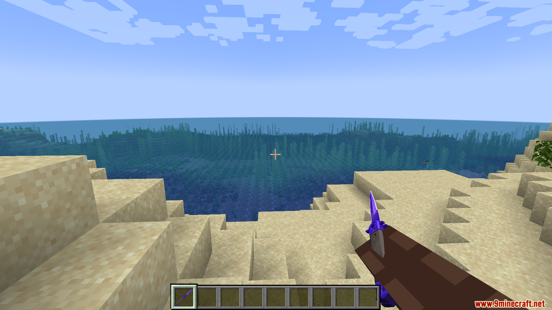 A player holds a purple CS2 knife while looking at the ocean