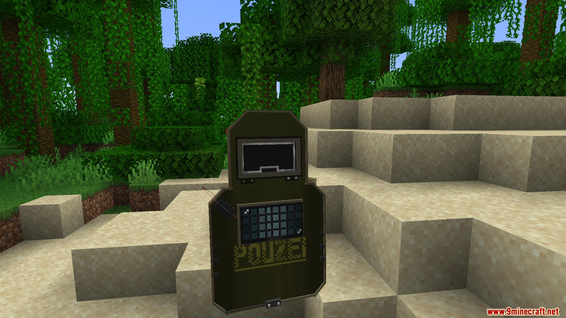 Player wielding a tactical riot shield while standing in a lush green jungle