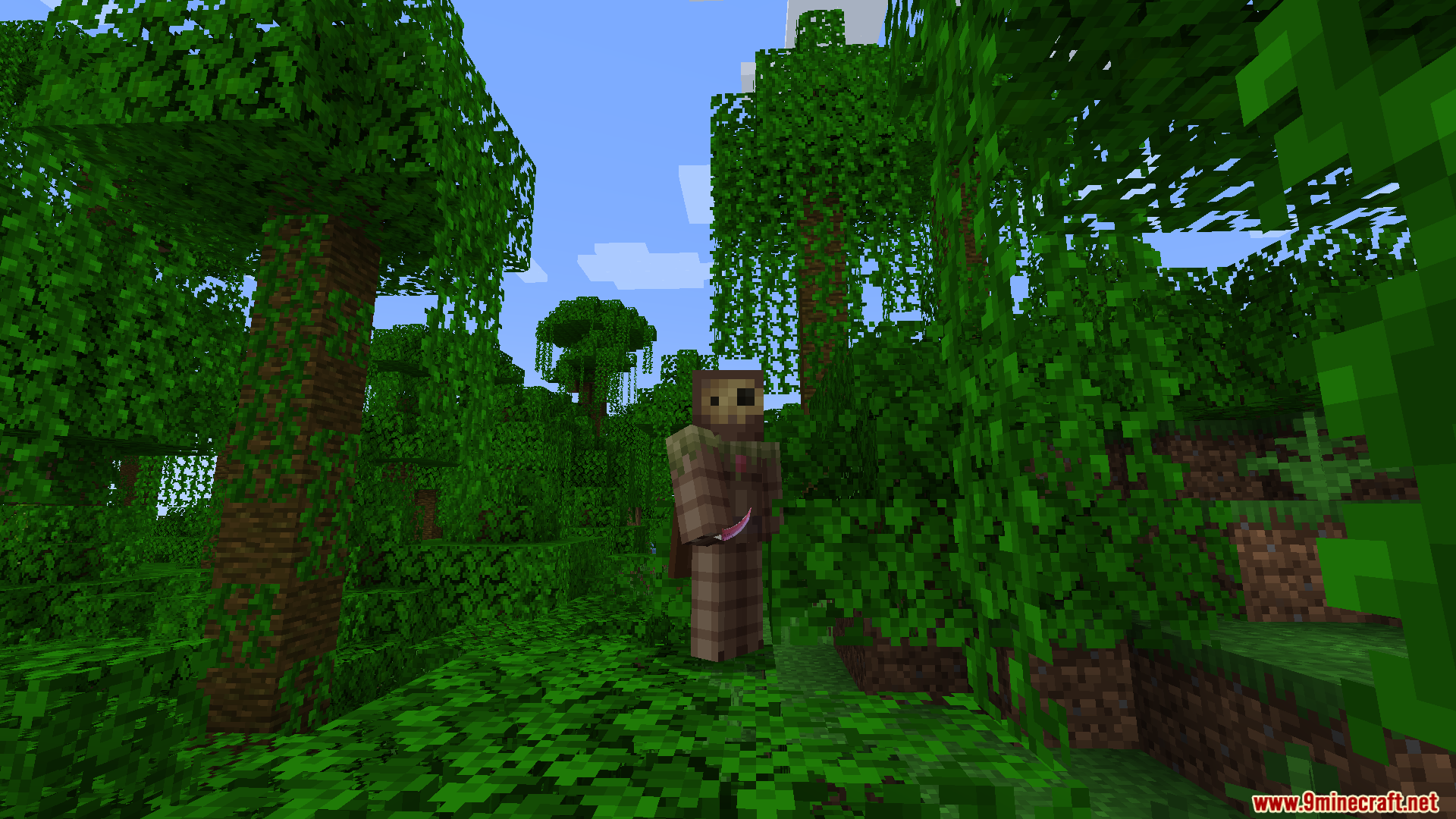 Minecraft character standing in a jungle while holding a pink Karambit