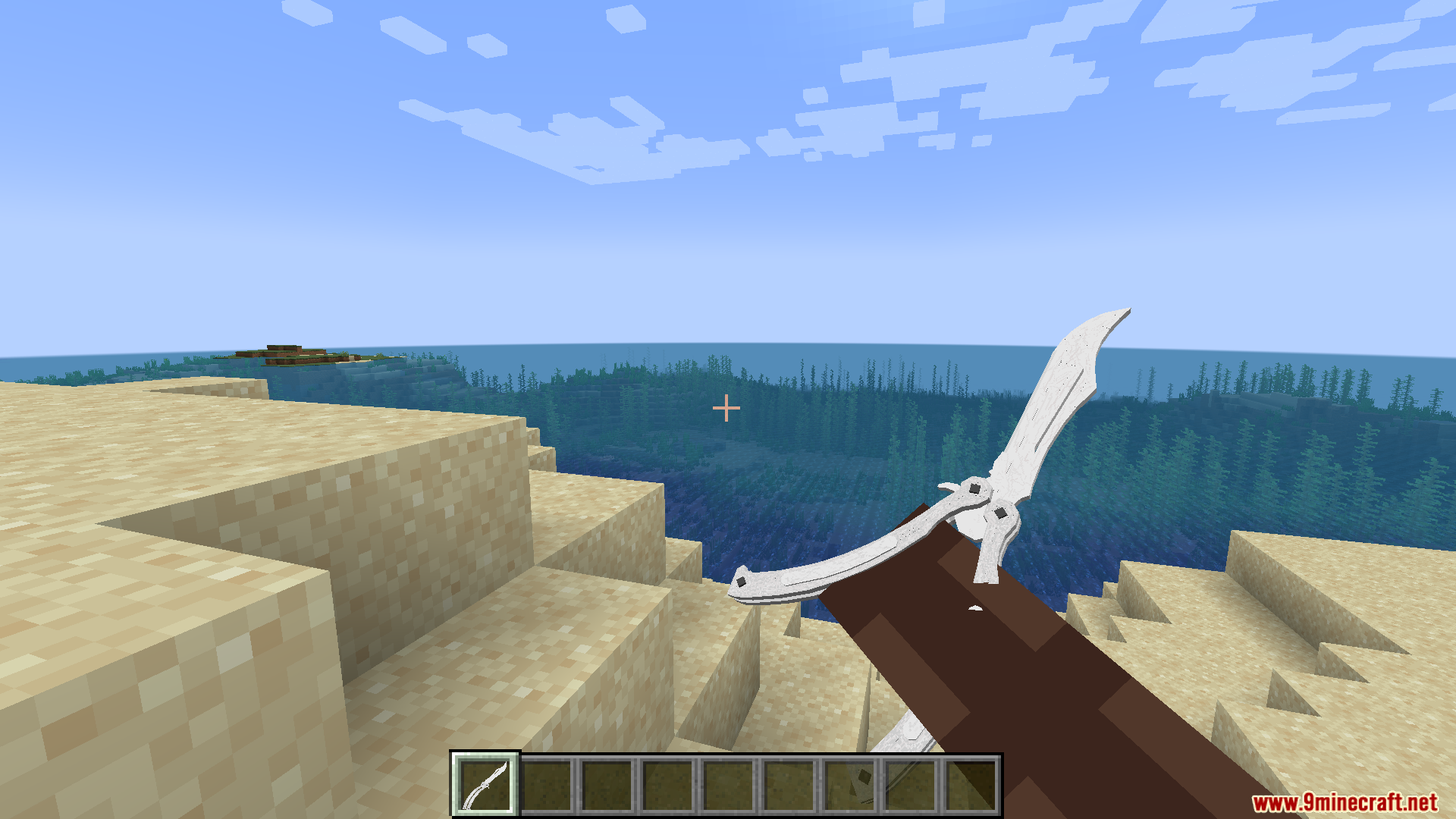 Minecraft player wielding a silver butterfly knife near the edge of the ocean