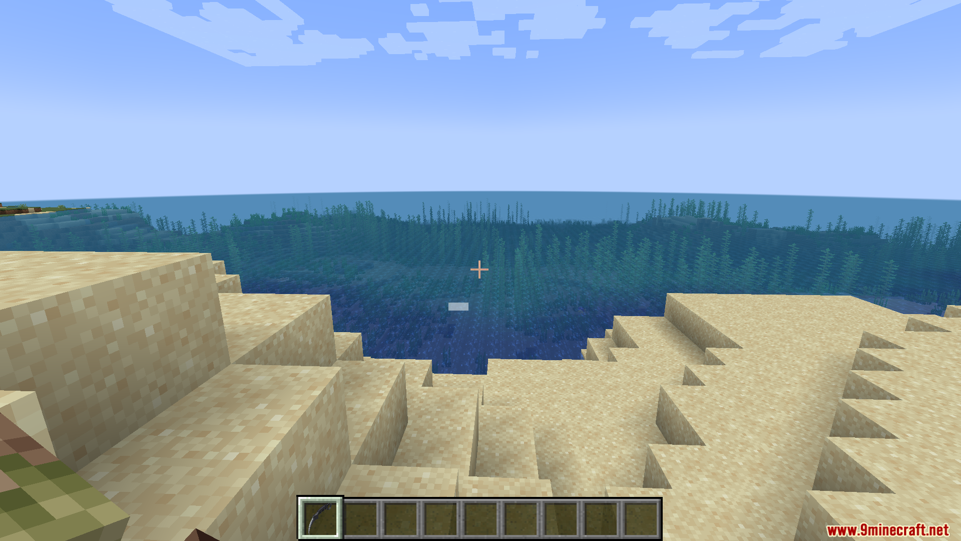 A player standing on a sandy beach looking at the blue ocean