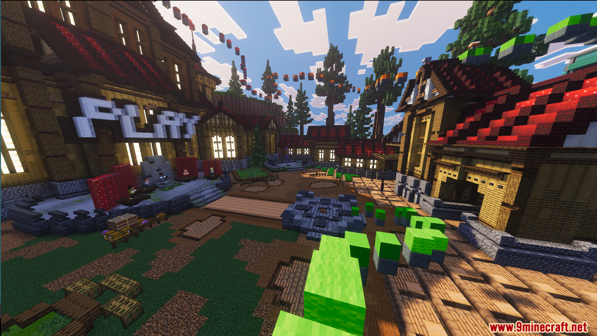 Law Fighting Simulator Bedrock Edition by Aquario Map Screenshot 2 Grand lobby area featuring a large play sign and green floating parkour blocks