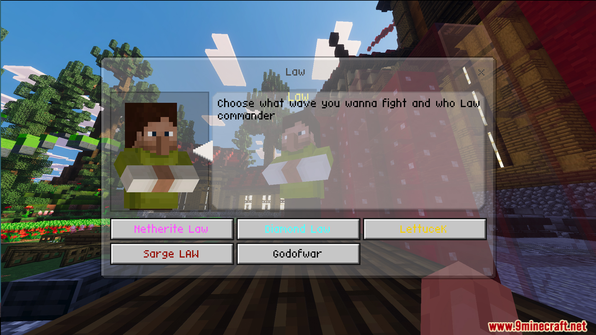 Law Fighting Simulator Bedrock Edition by Aquario Map Screenshot 5 Custom menu screen in Law fighting simulator Bedrock edition with villager NPC selection