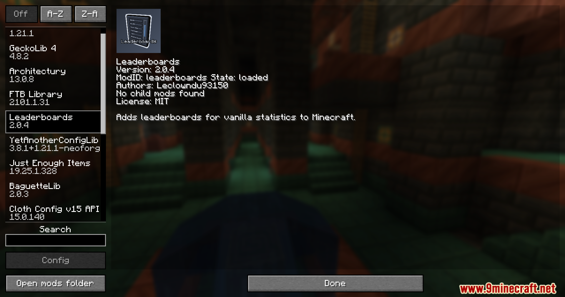 The Minecraft mod list screen showing details for the Leaderboards mod